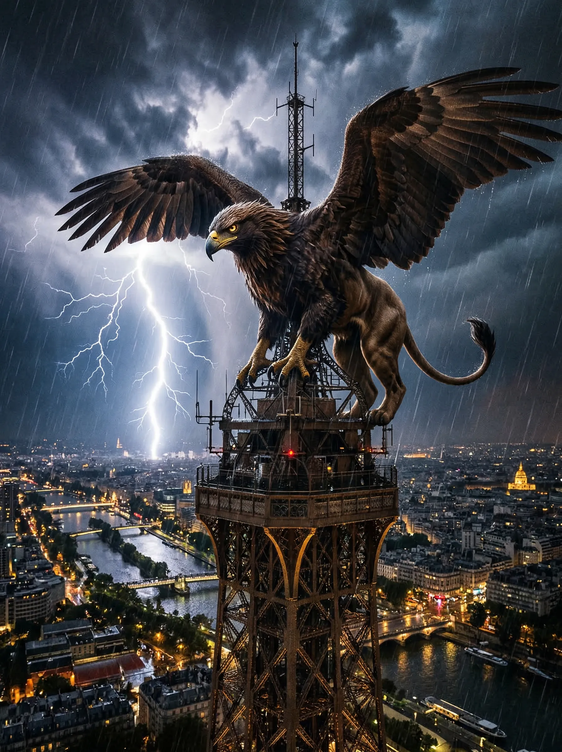A majestic griffin perching on top of the Eiffel Tower during a thunderstorm, dramatic lighting.