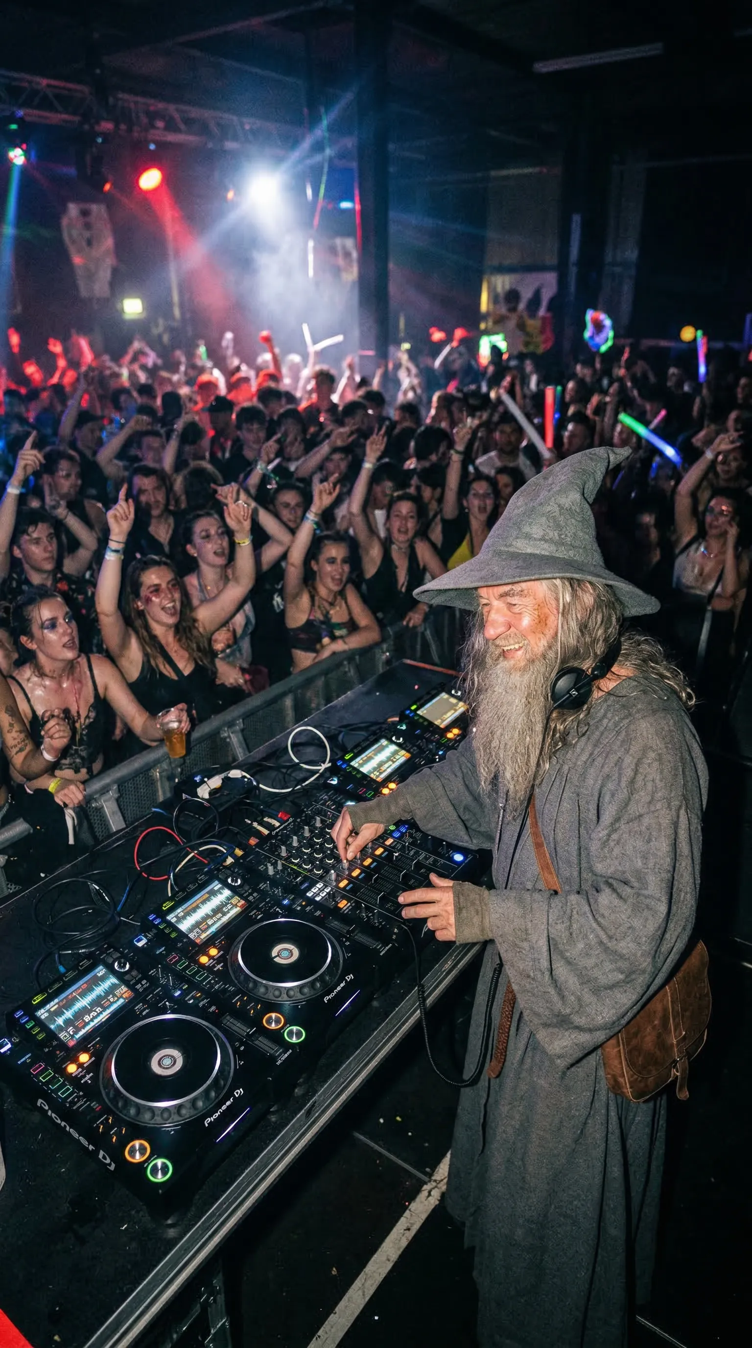 A candid iPhone flash photo of Gandalf playing a massive DJ set at an underground rave.