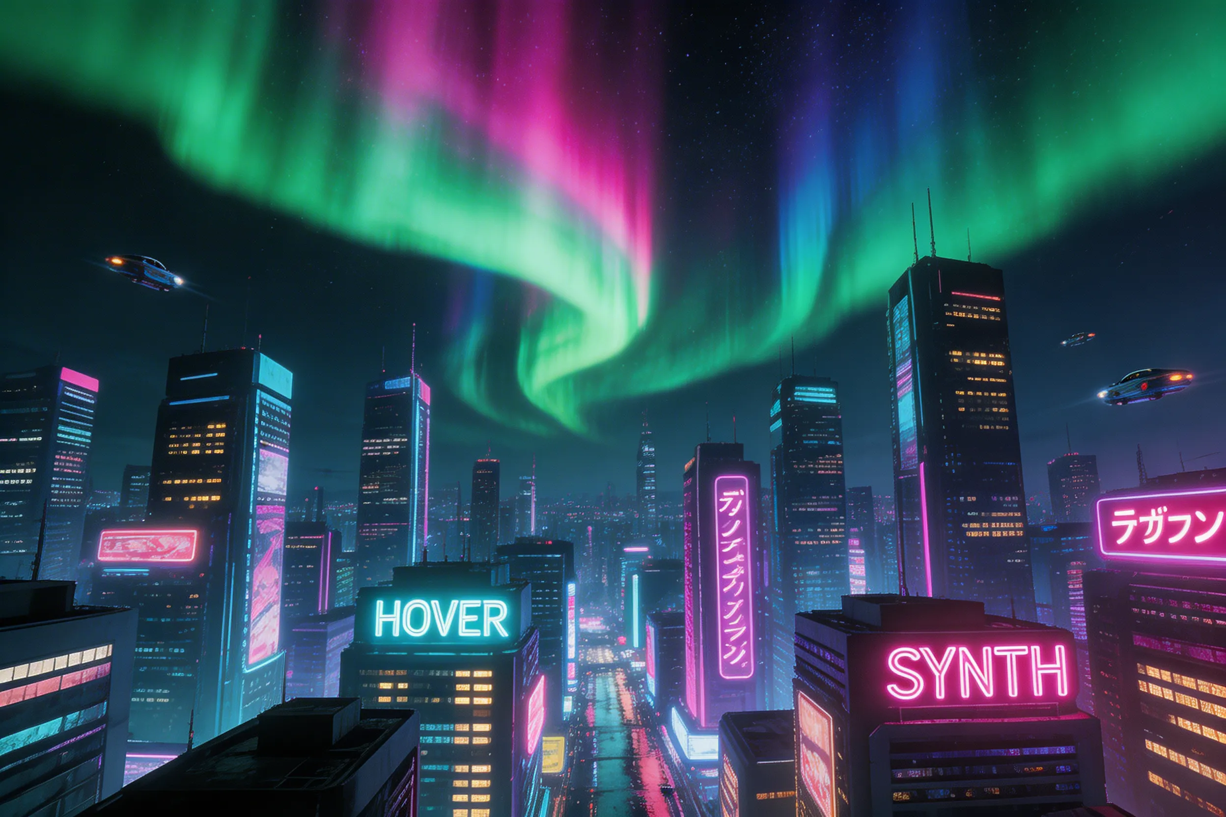 A stunning Aurora Borealis shining over a cyberpunk city landscape, 8k resolution.