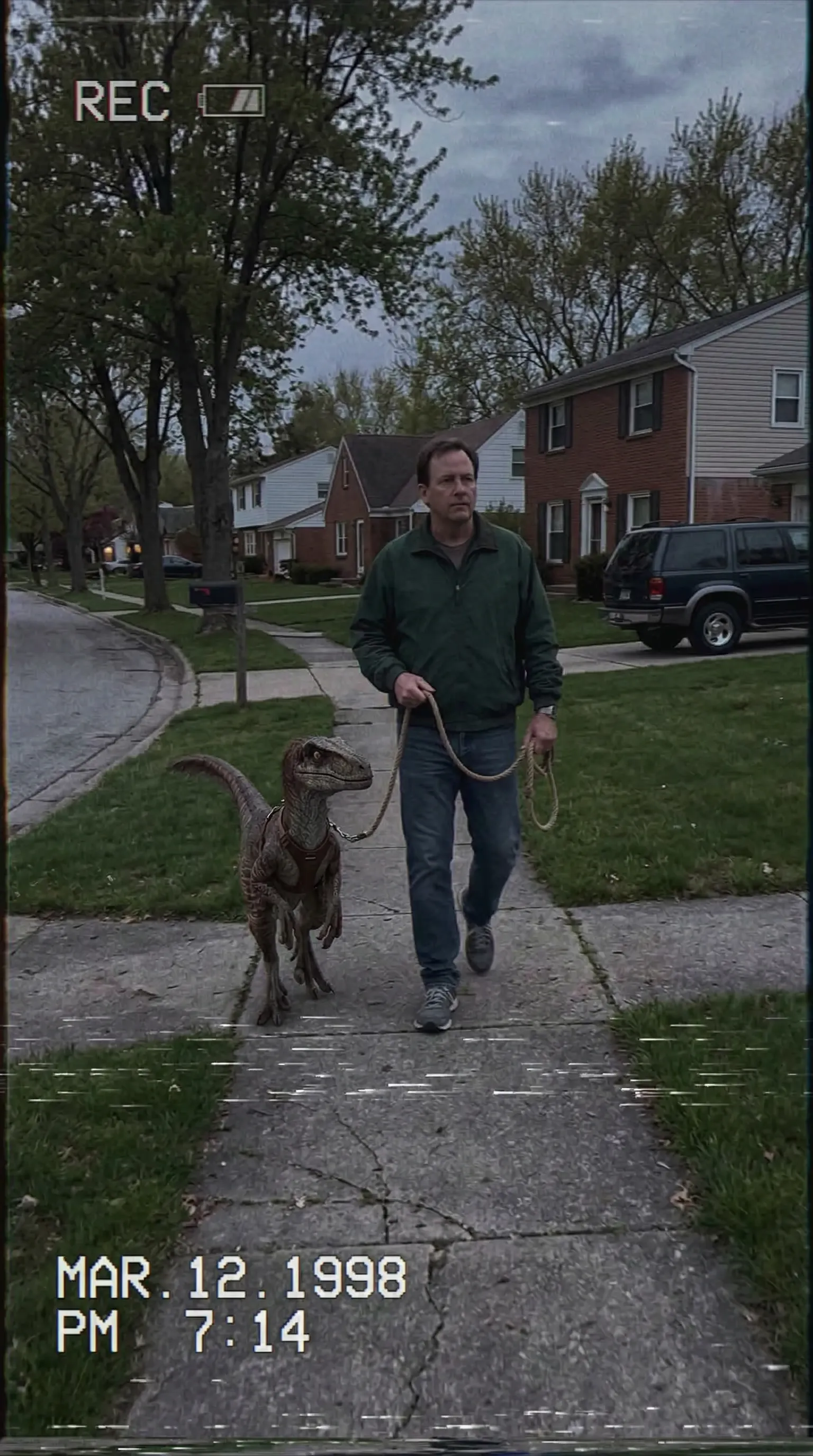 A low-quality VHS screenshot of a man walking his pet velociraptor in a suburban neighborhood.