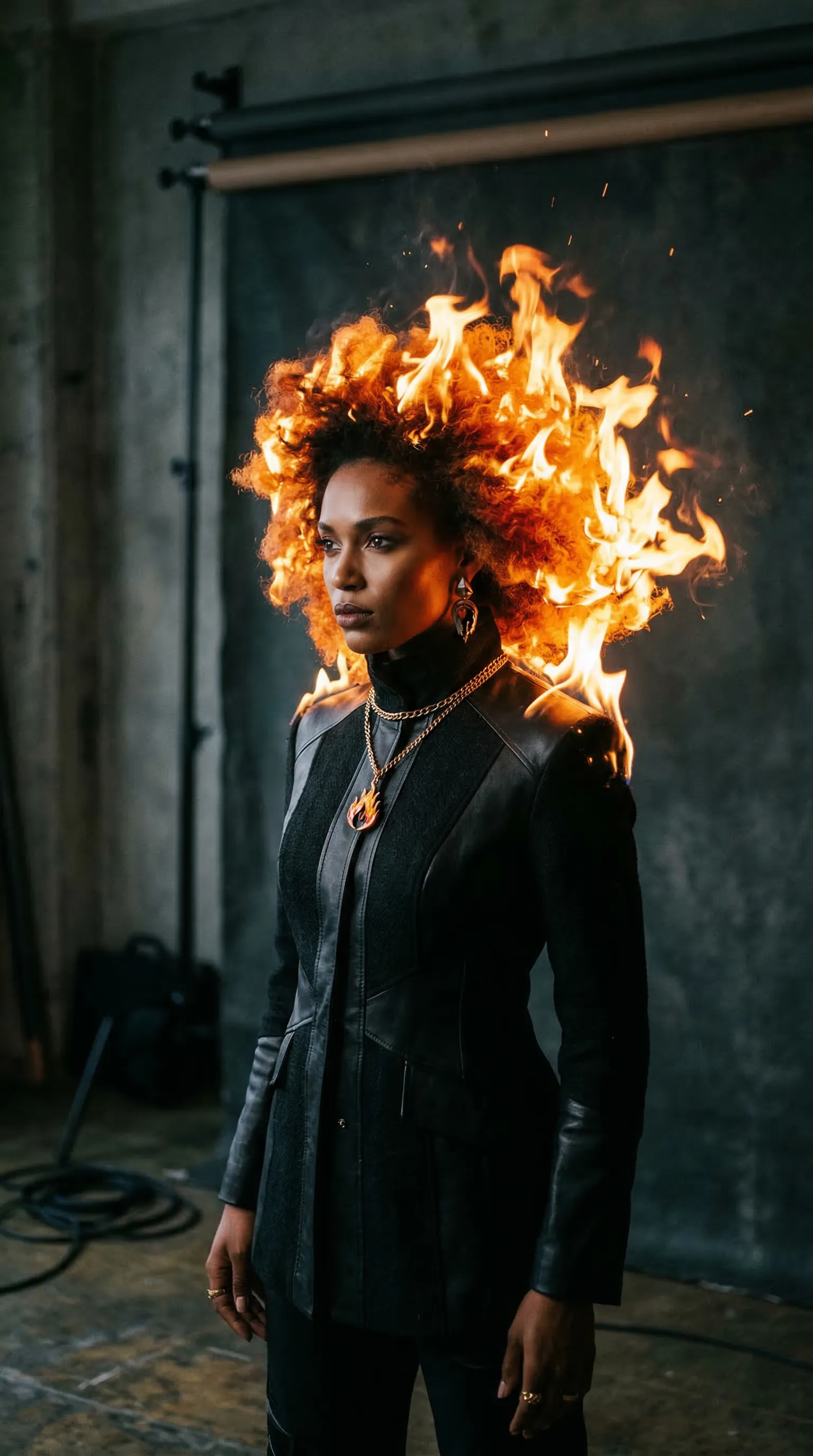 A fashion editorial shoot of a woman whose hair is made of actual burning flames, soft studio shadows.