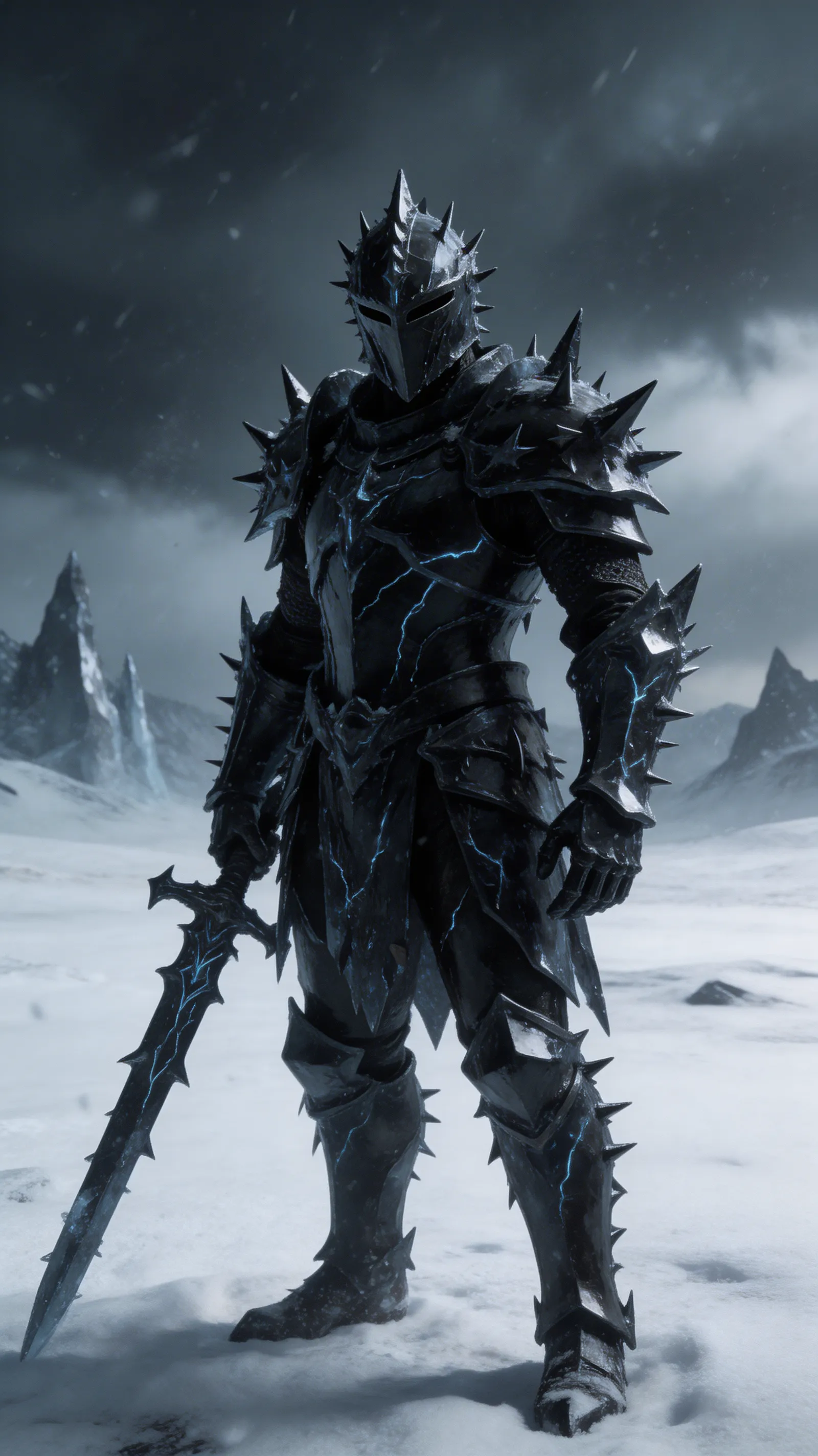A dark fantasy knight whose armor is made entirely of jagged black ice, standing in a snowy wasteland.