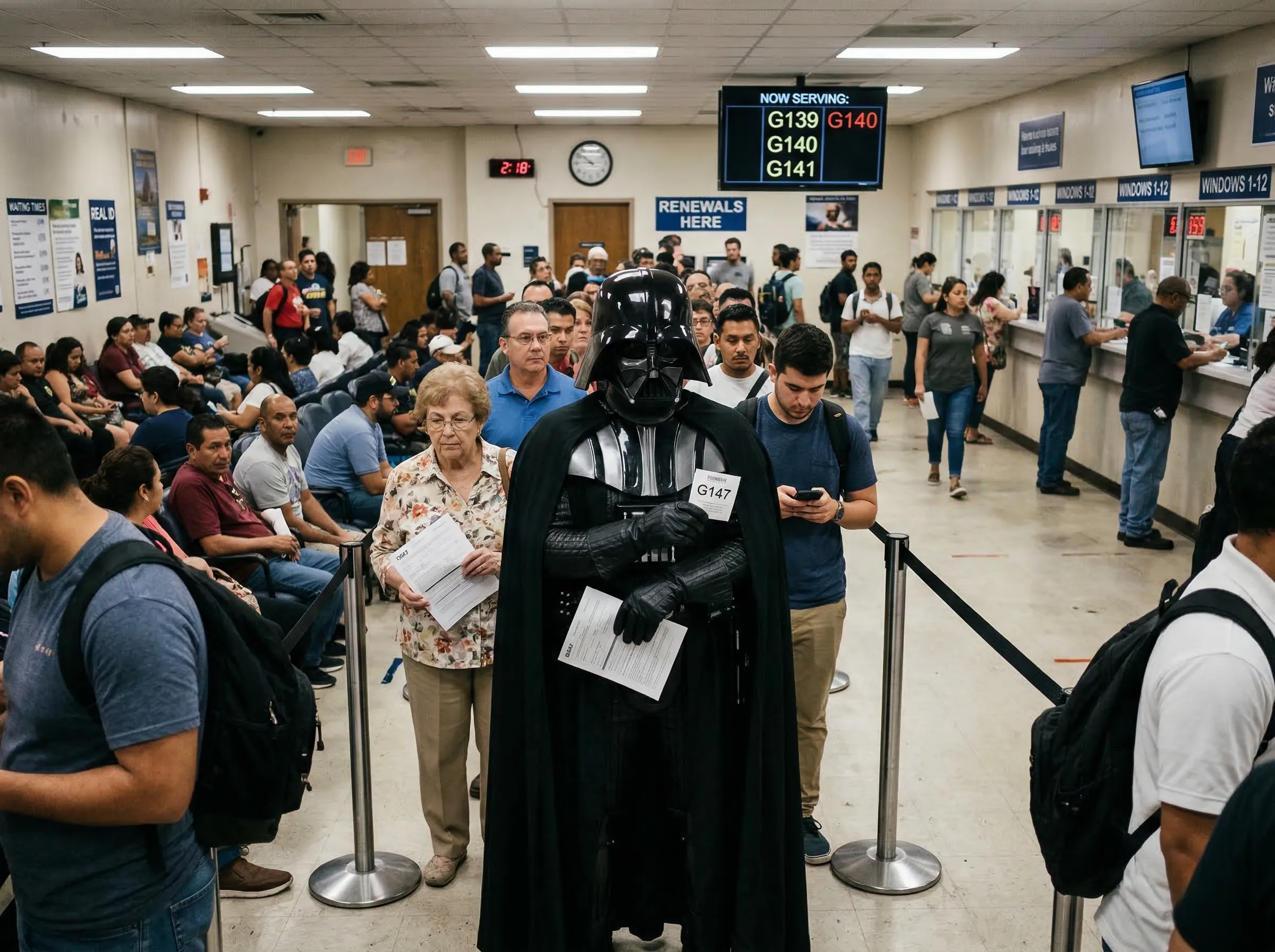 A candid photo of Darth Vader standing in line at a DMV, looking frustrated.