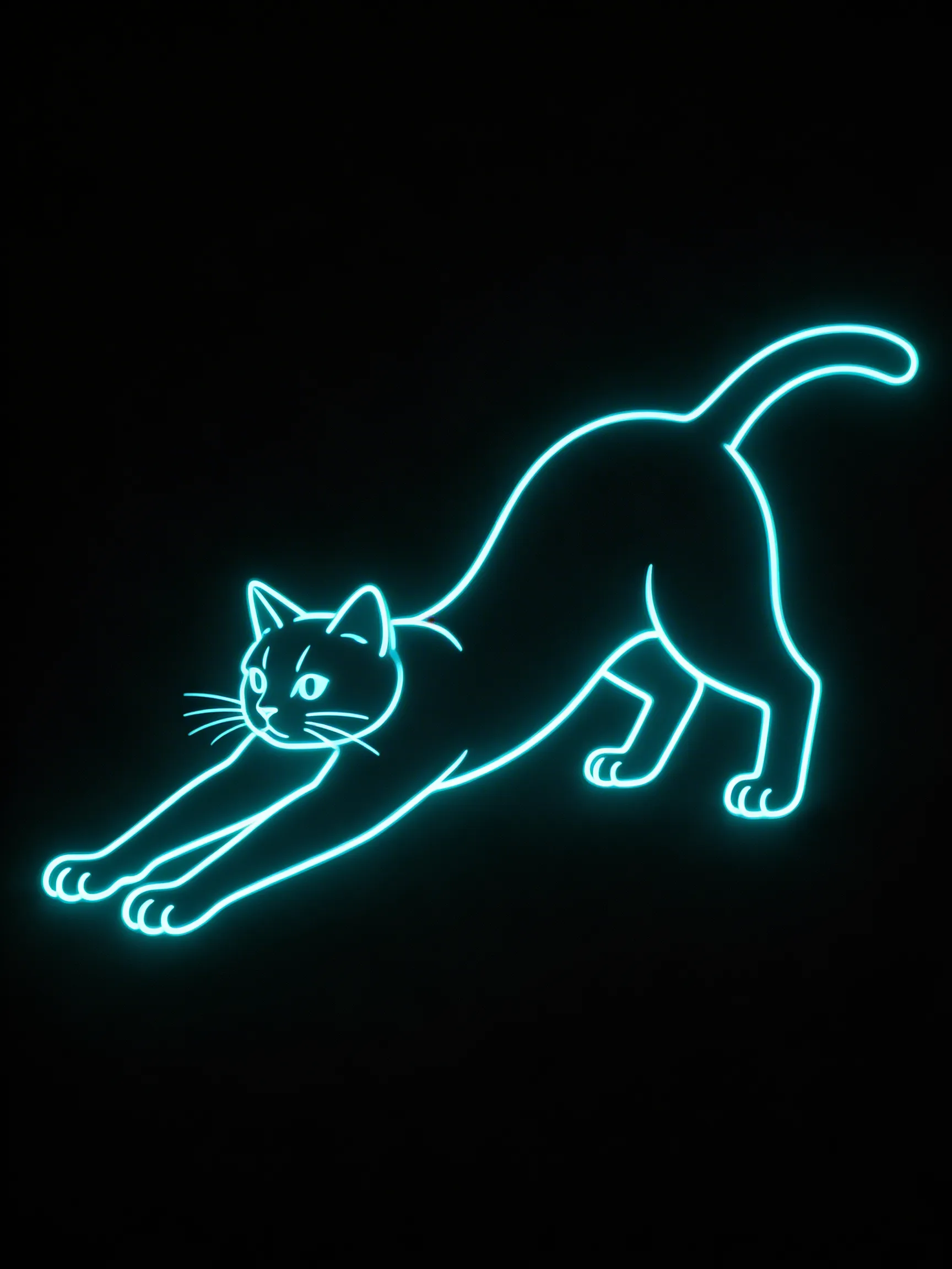 A minimalist line art drawing of a cat stretching, but the lines are glowing neon.