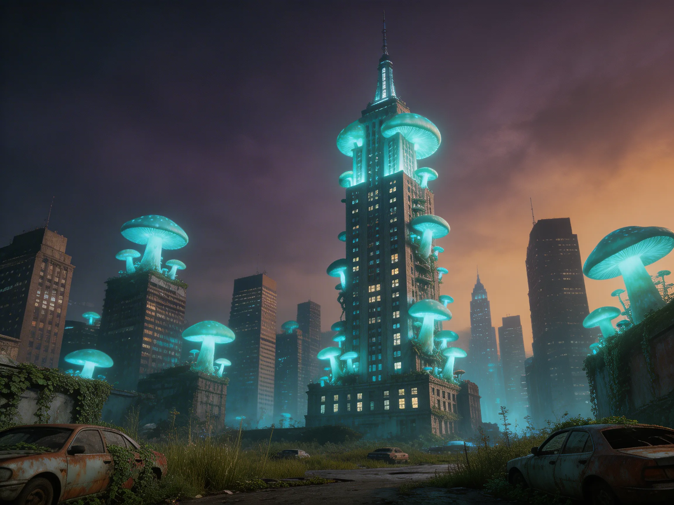 A post-apocalyptic New York City where skyscrapers are overgrown with giant glowing mushrooms.