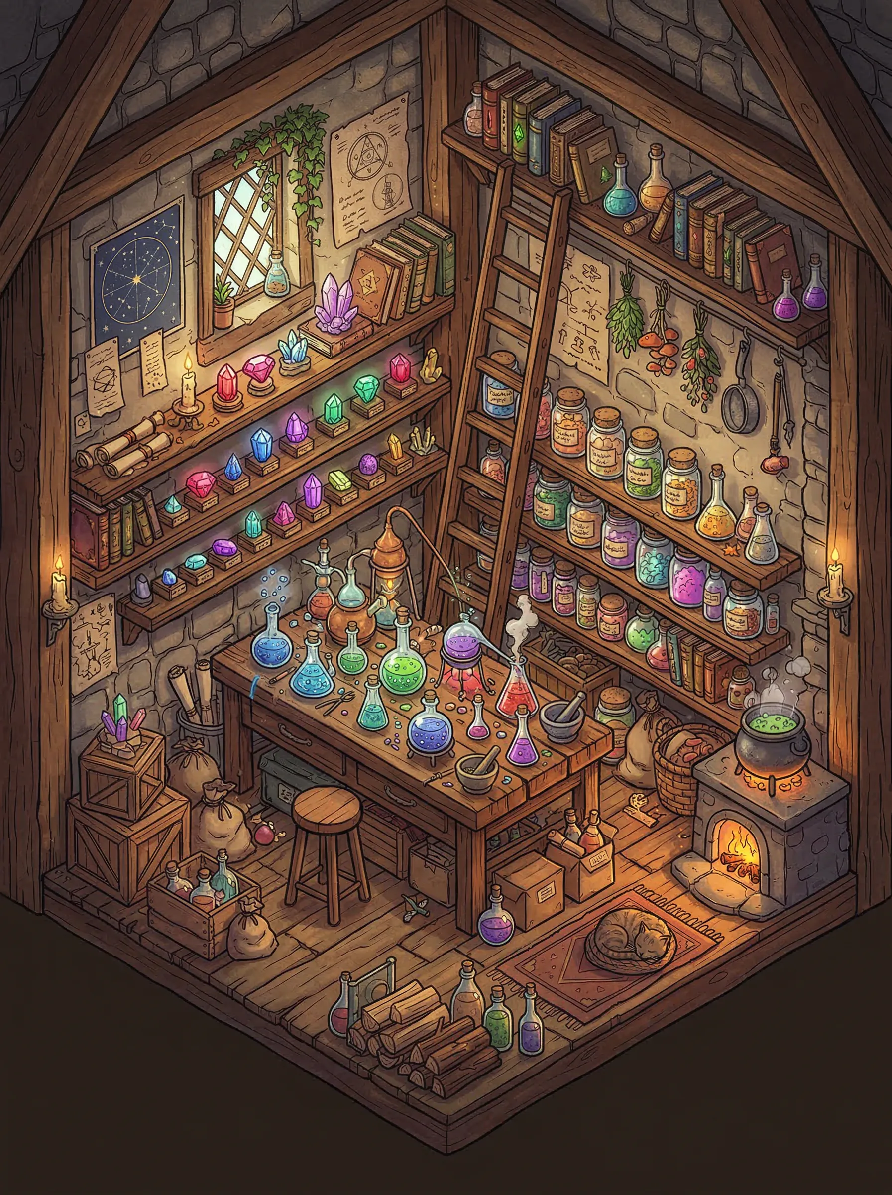 A charming isometric room of an alchemist, filled with bubbling potions and glowing gems.
