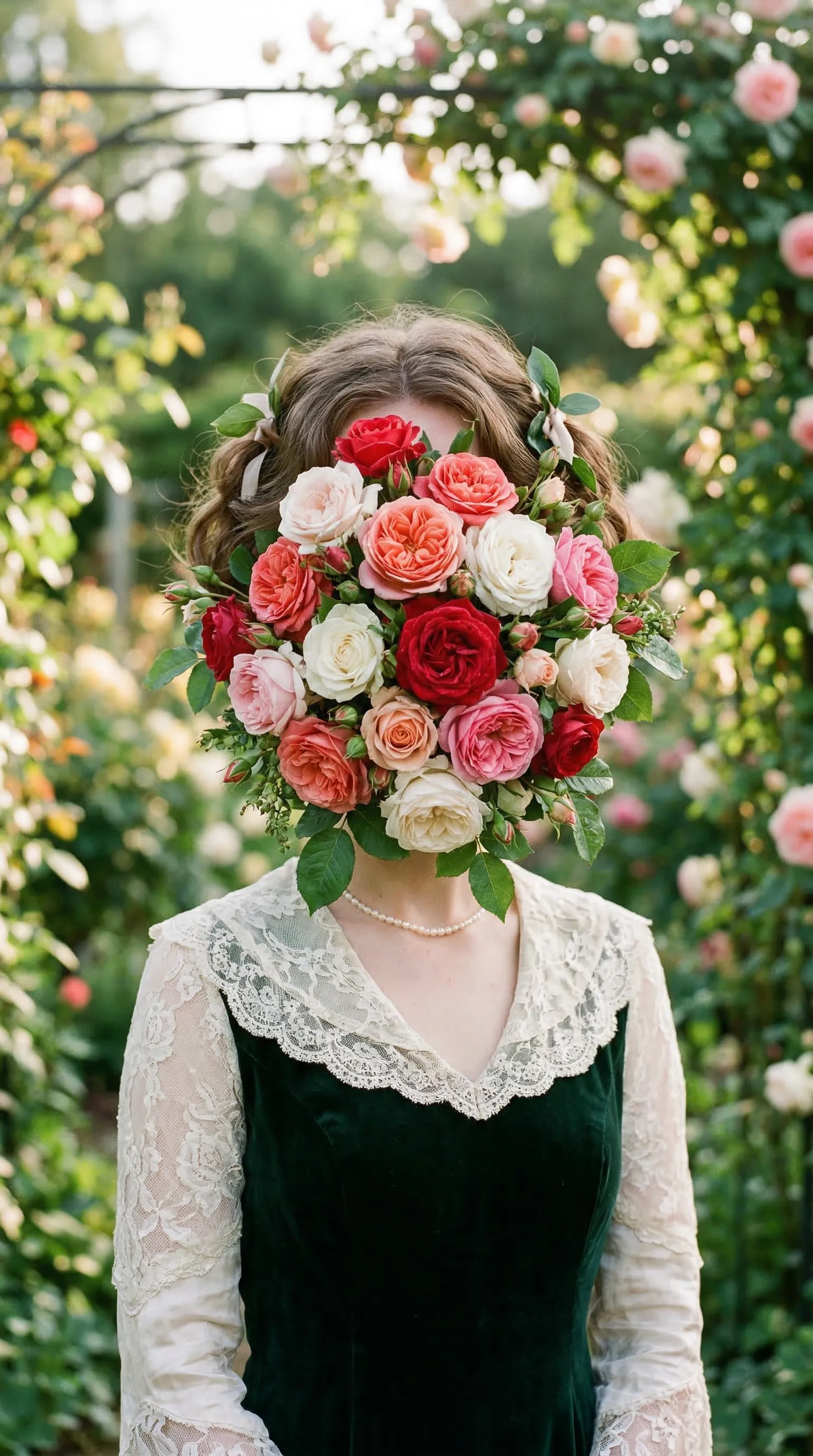A surreal portrait of a person whose face is replaced by a bouquet of fresh blooming roses.