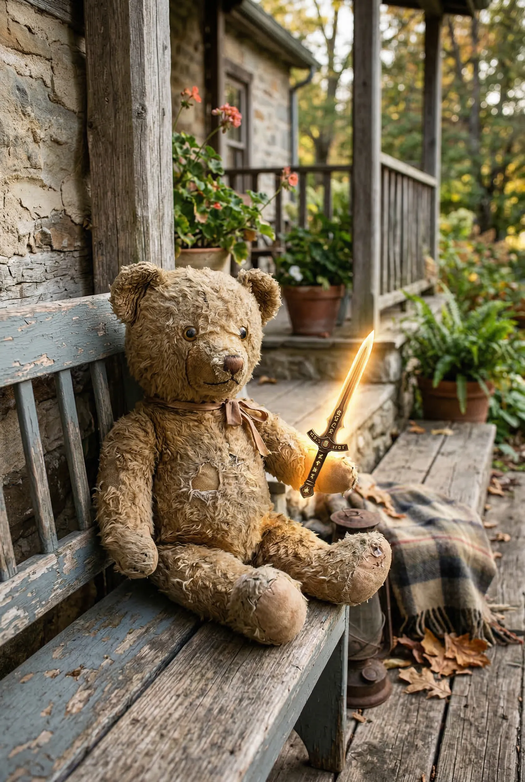 An old, worn-out teddy bear sitting on a porch, holding a tiny glowing sword.