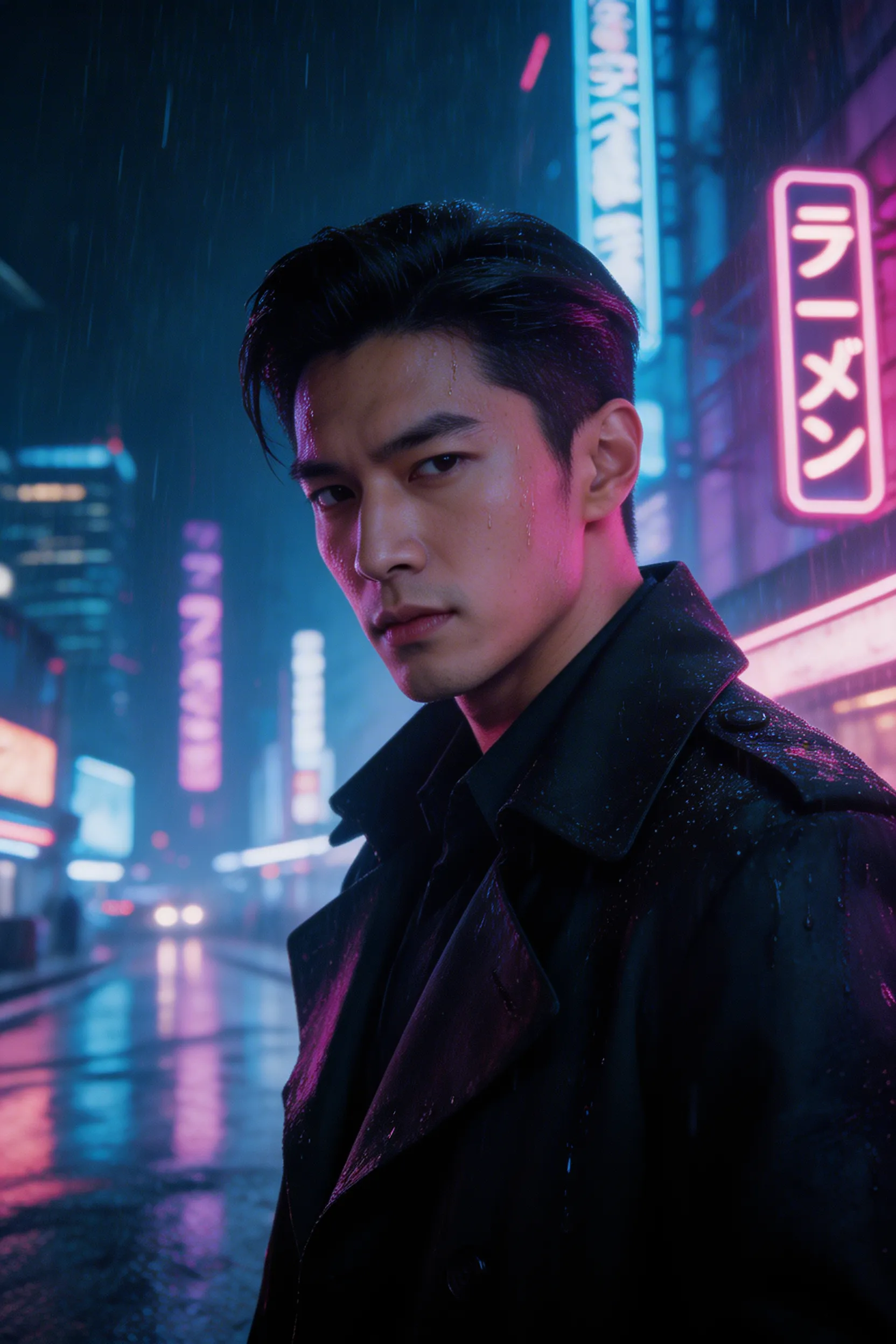 A cinematic shot of a handsome East Asian man with sharp facial features and stylish dark hair, standing in a rainy cyberpunk city illuminated by vibrant neon signs.
