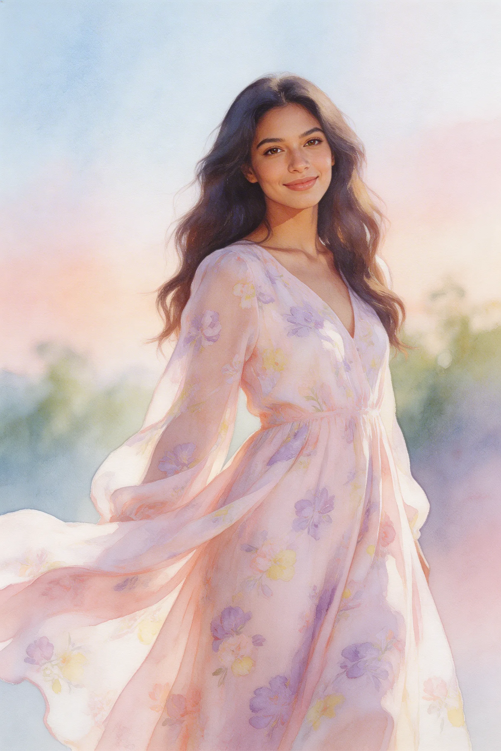 A delicate watercolor painting of a stunning Hispanic woman wearing a flowing floral dress, soft pastel colors, dreamy and ethereal atmosphere.