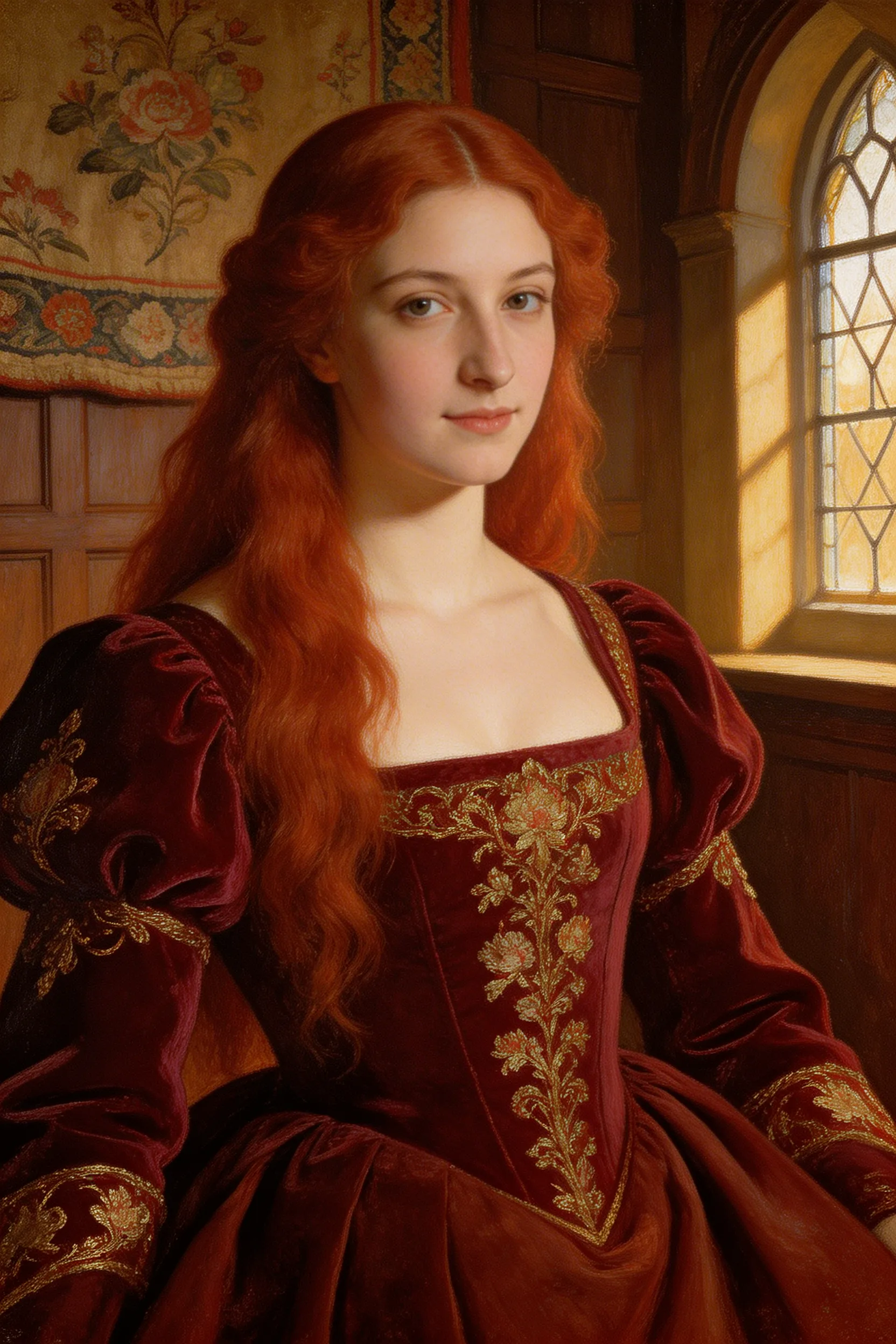 A classic oil painting of a gorgeous Caucasian woman with long flowing red hair and porcelain skin, dressed in an elegant Renaissance gown.