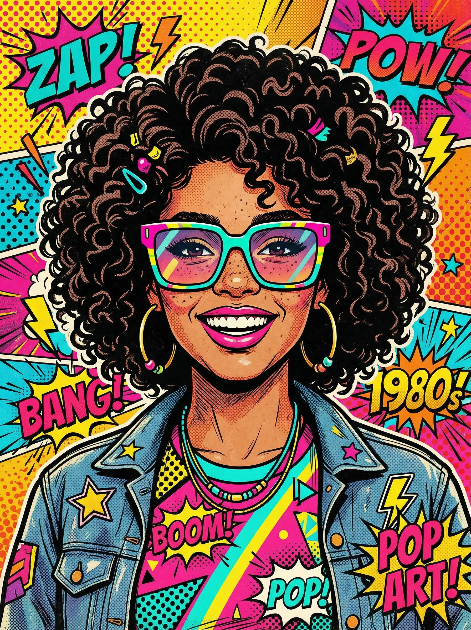 A vibrant pop art illustration of a stunning multiracial woman with curly hair and freckles, wearing retro 1980s sunglasses, comic book style.