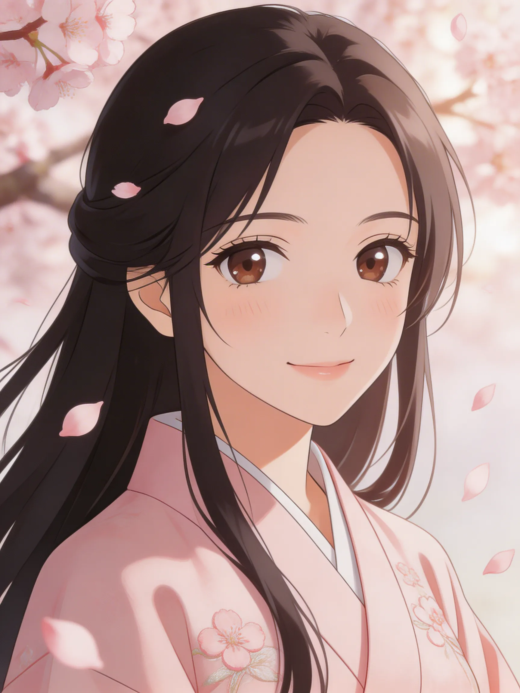 A high-quality anime style illustration of a beautiful East Asian woman with bright expressive eyes and cherry blossom petals falling around her.