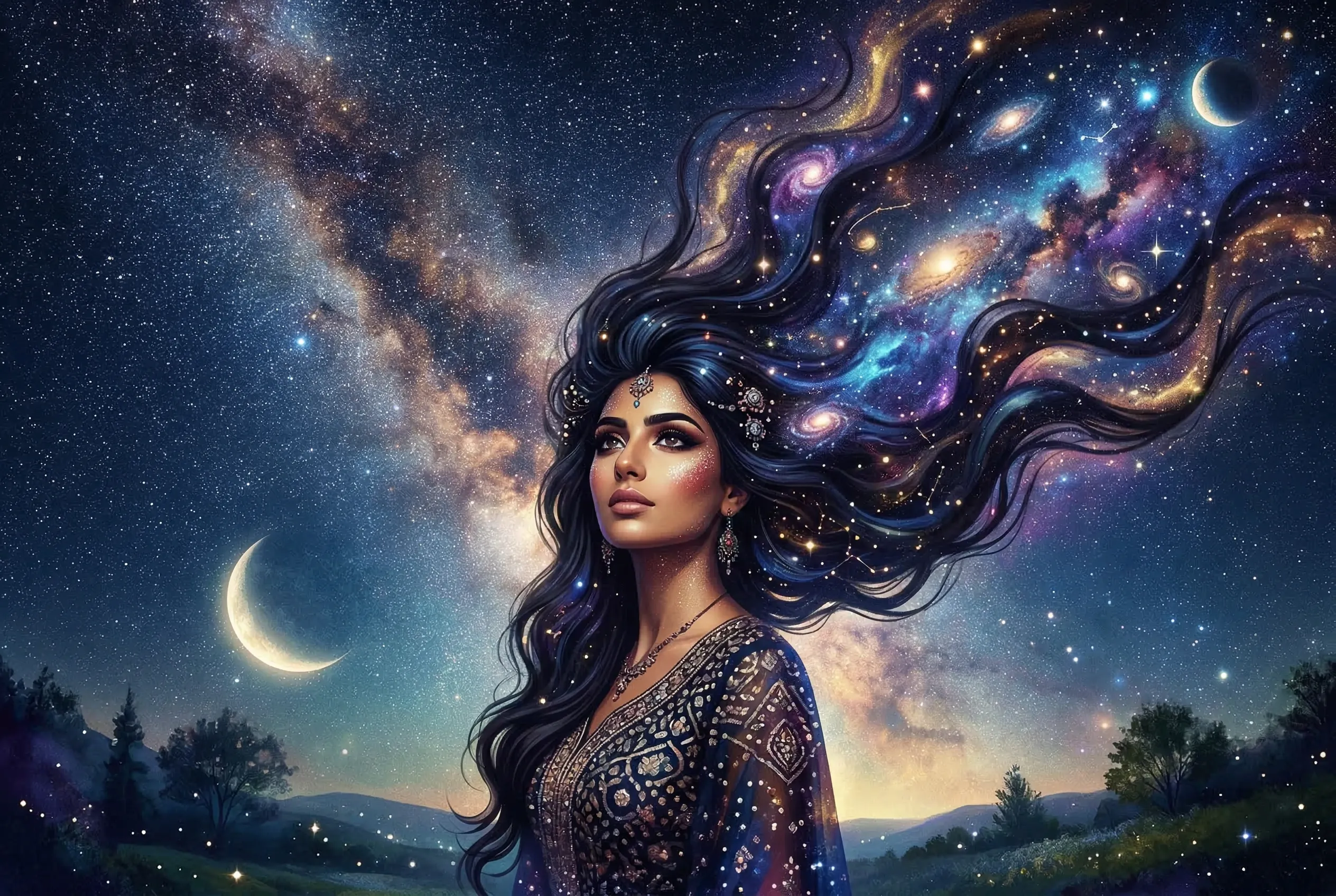 A surreal digital collage of a gorgeous Middle Eastern woman whose long dark hair seamlessly blends into a starry night sky galaxy.