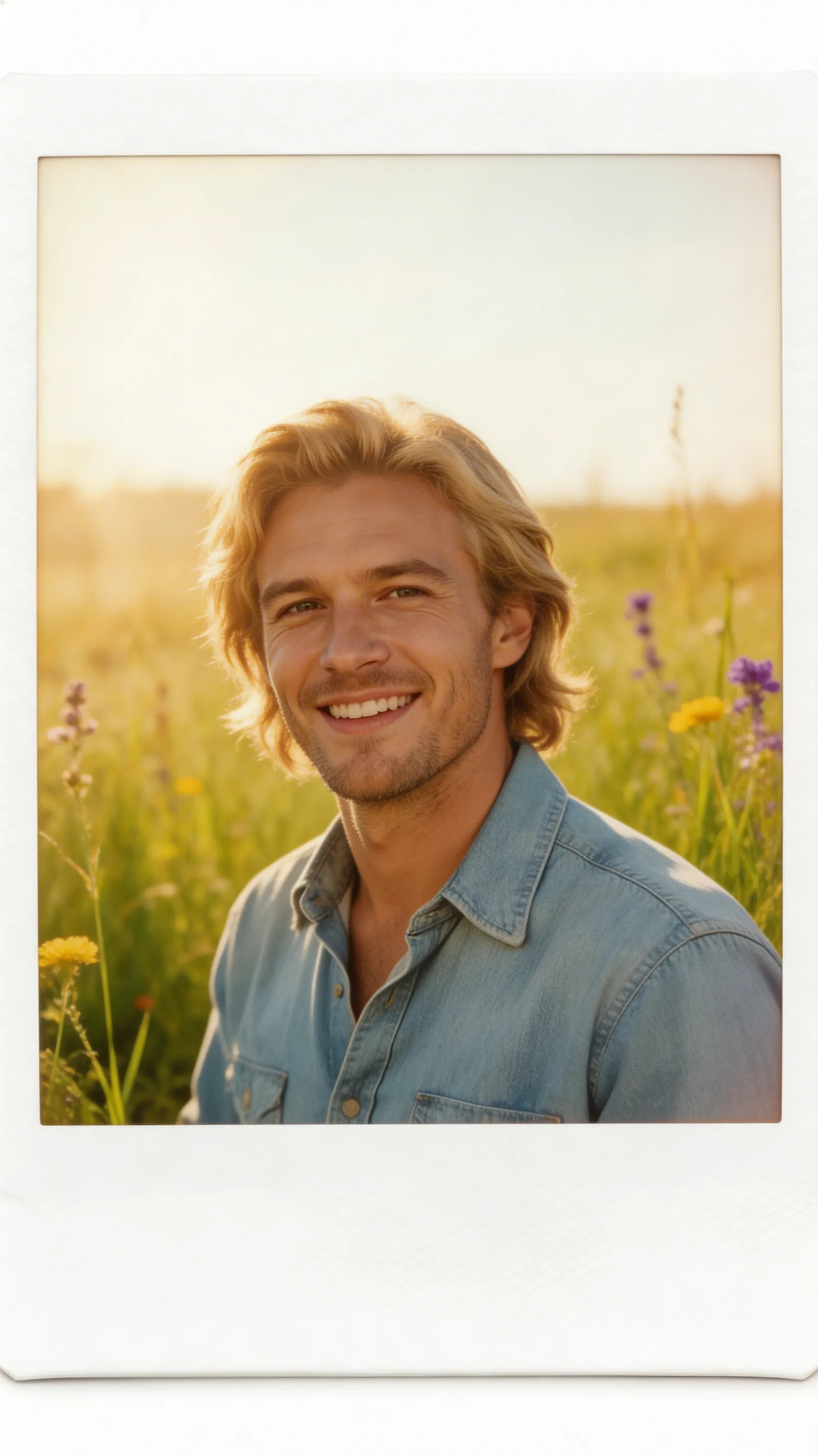A vintage 1970s polaroid photo of a handsome Caucasian man with wavy blonde hair and a rugged stubble, smiling warmly in a sunlit meadow.