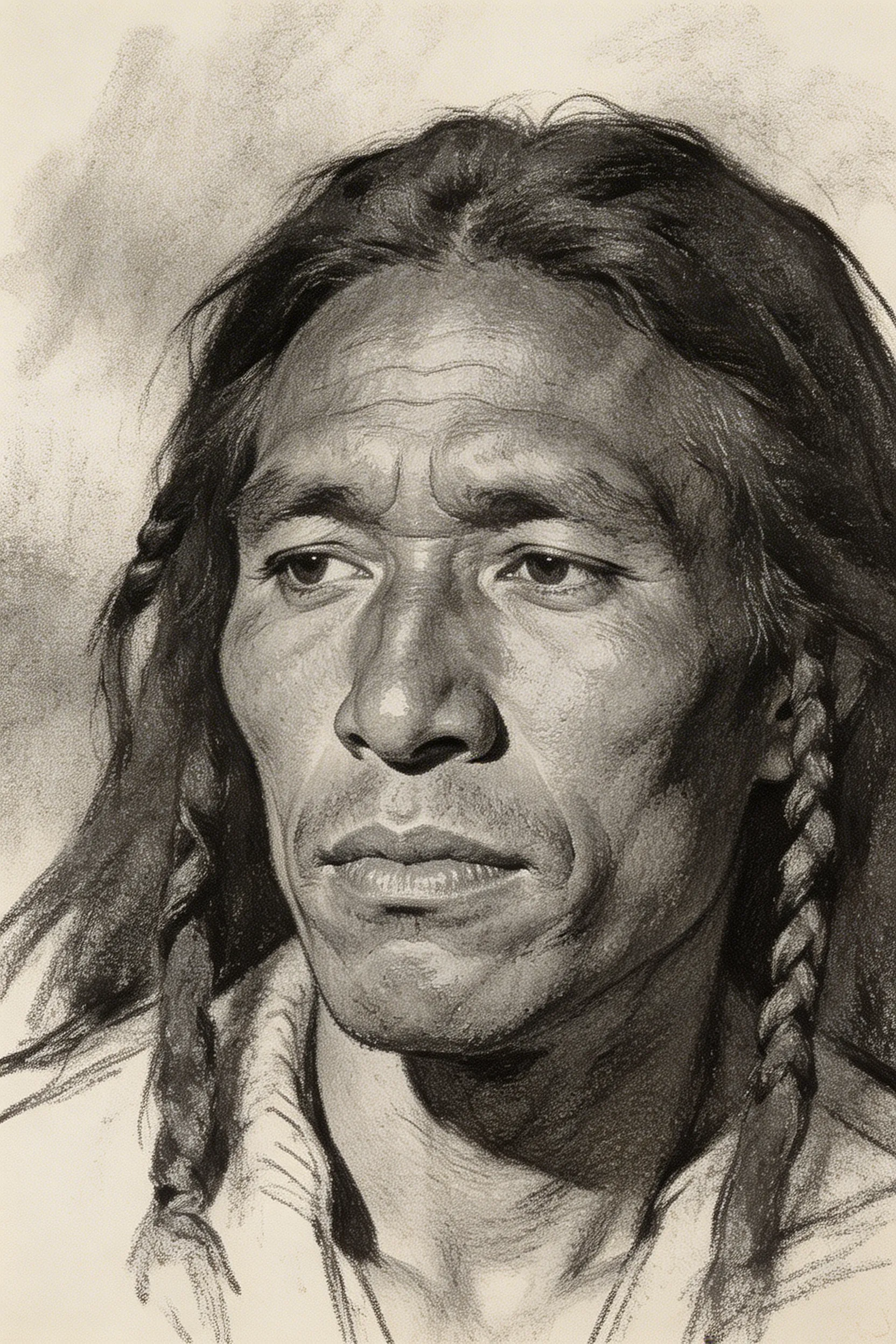 A masterful charcoal sketch portrait of an attractive Indigenous man with striking features and a thoughtful expression.