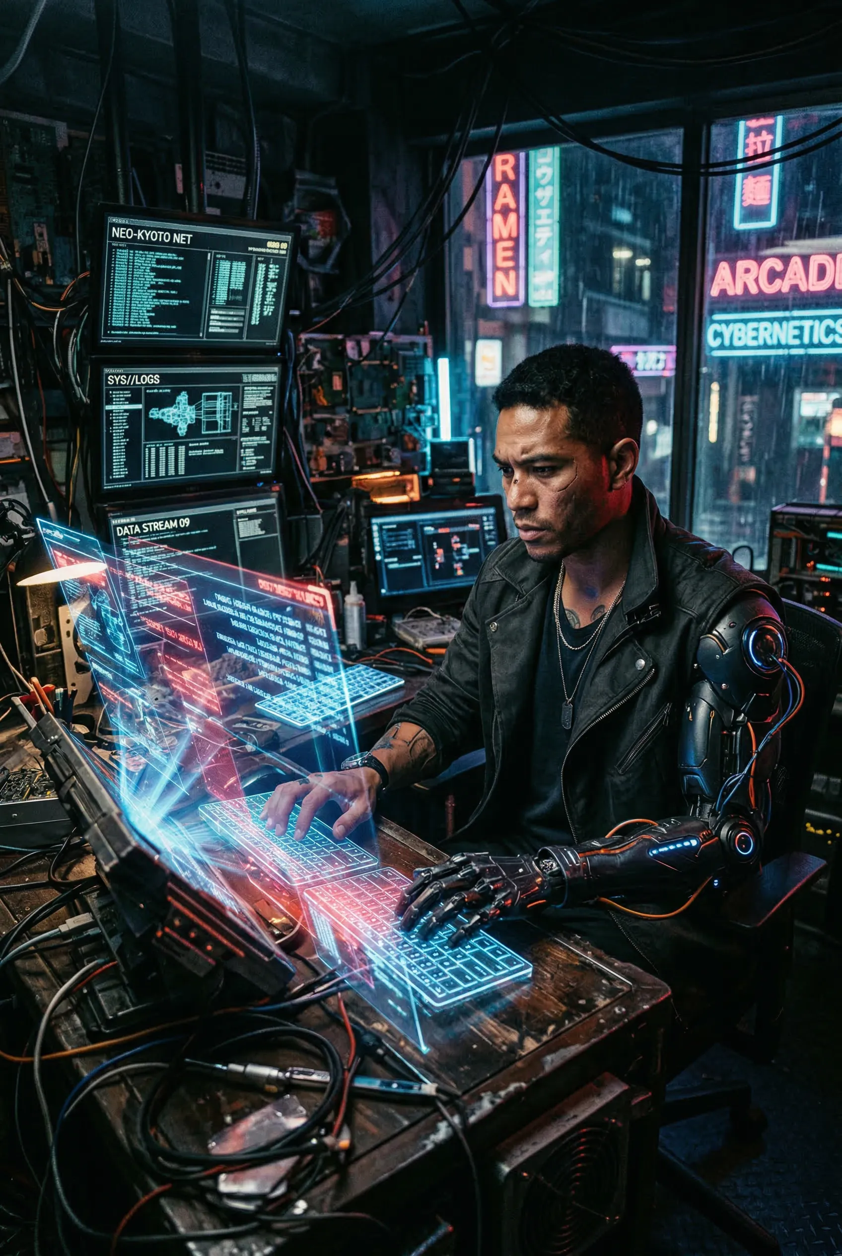 A gritty cyberpunk scene of a handsome multiracial man with cybernetic implants, typing on holographic keyboards in a dark, neon-lit room.