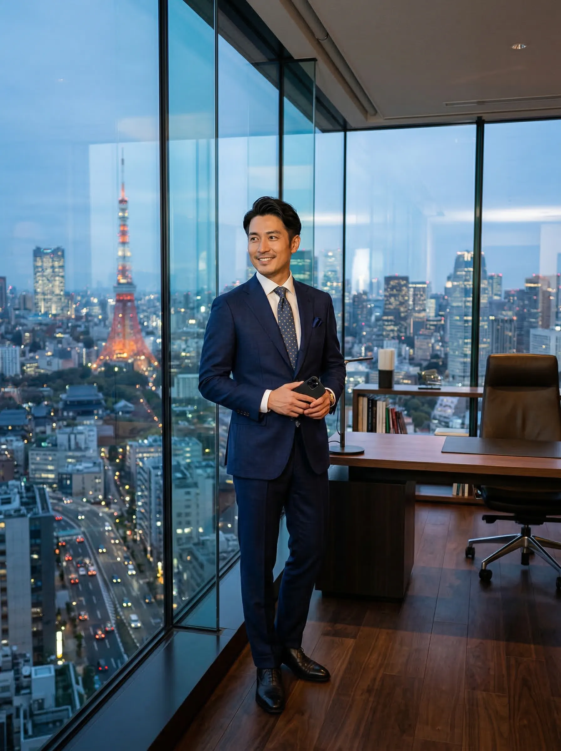 A sharp, high-resolution photo of a handsome East Asian man in a bespoke navy blue suit, standing in a luxurious glass-walled penthouse office.