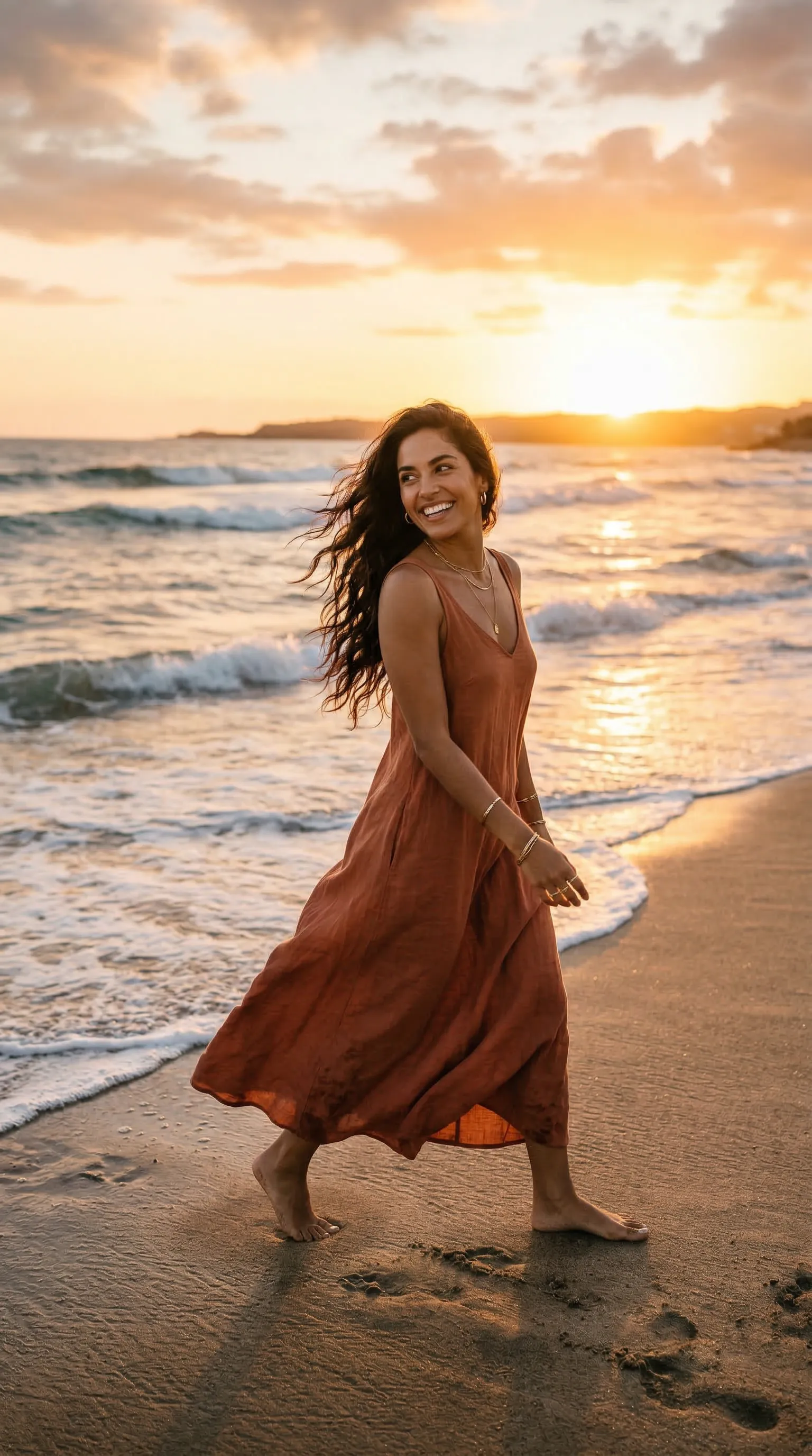 A warm golden hour photograph of a stunning Hispanic woman walking on a sandy beach, wind blowing through her long dark hair, ocean background.