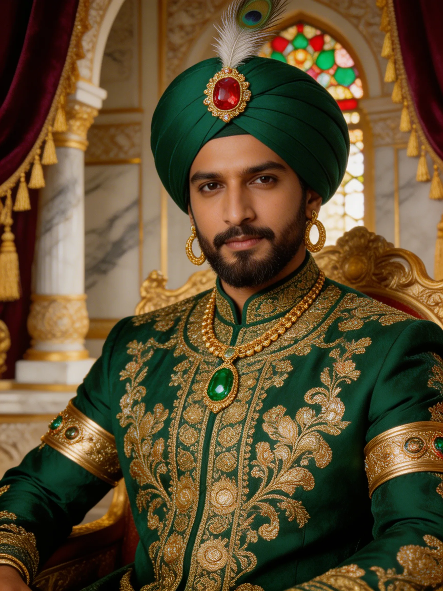 A regal portrait of a handsome South Asian man dressed as royalty in heavily embroidered traditional attire, rich jewel tones and ornate background.
