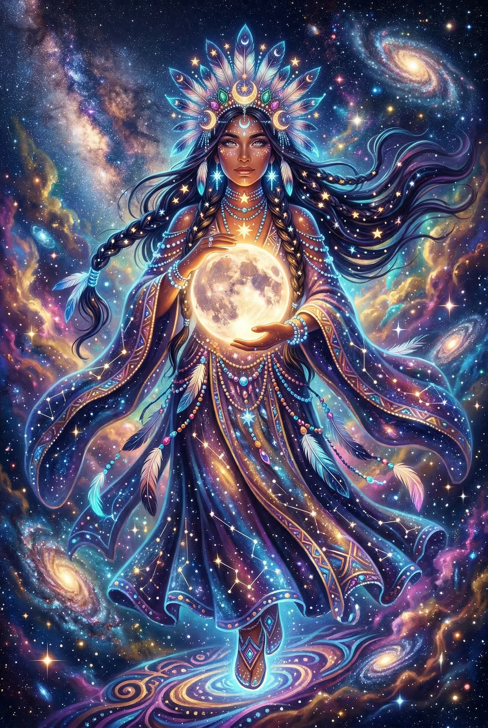 A breathtaking digital artwork of a gorgeous Indigenous woman depicted as a celestial goddess, glowing with starlight and holding a glowing moon.