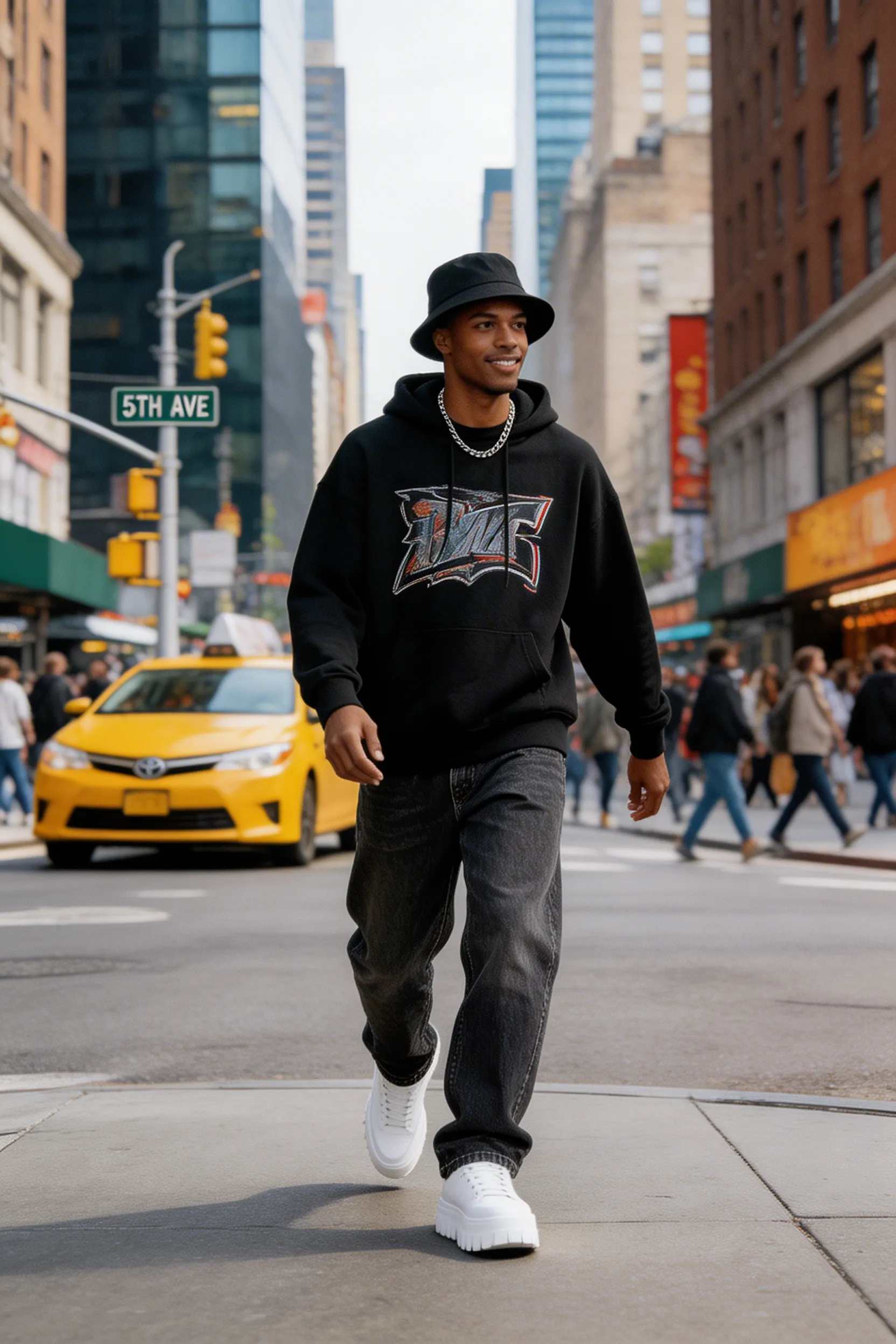 A dynamic street photography shot of a handsome Black man wearing trendy high-fashion streetwear, walking confidently down a busy New York avenue.