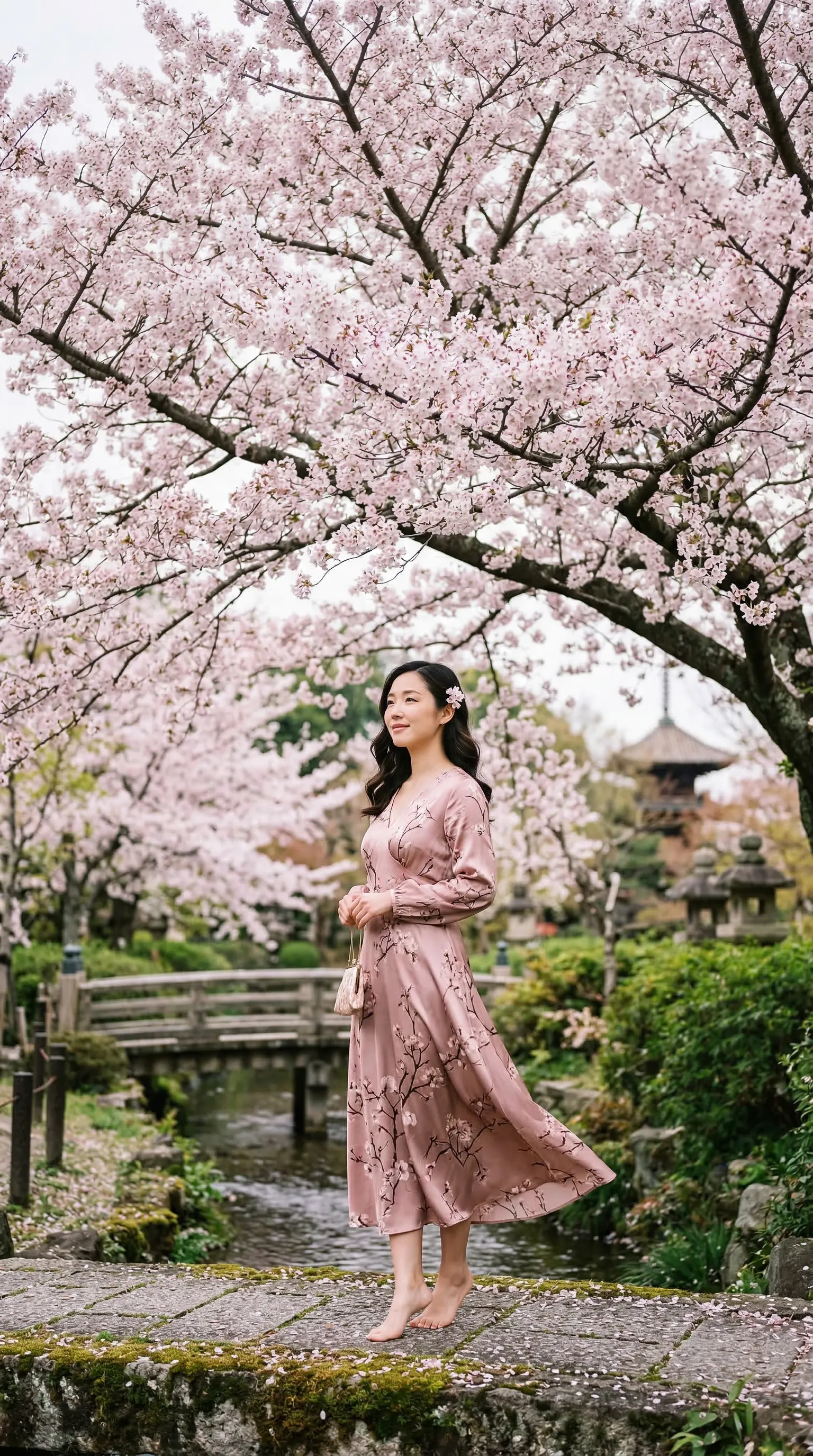 A serene and elegant photo of a gorgeous East Asian woman wearing a modern silk dress, standing beneath a massive blooming cherry blossom tree.