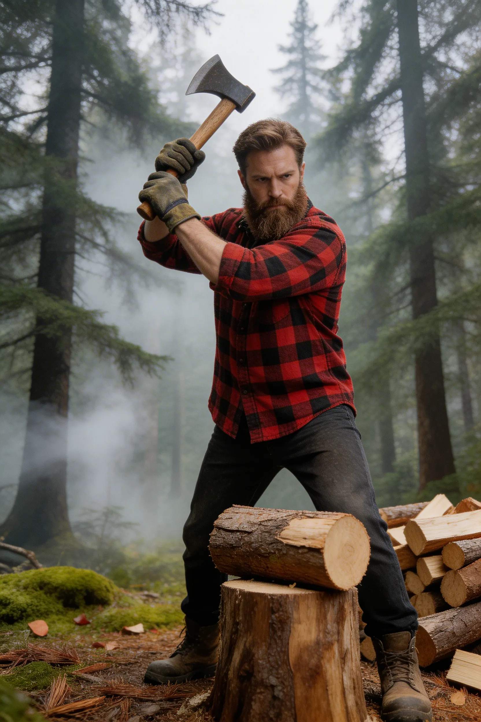 A ruggedly attractive Caucasian man with a thick beard and flannel shirt, chopping wood in the misty Pacific Northwest forest.