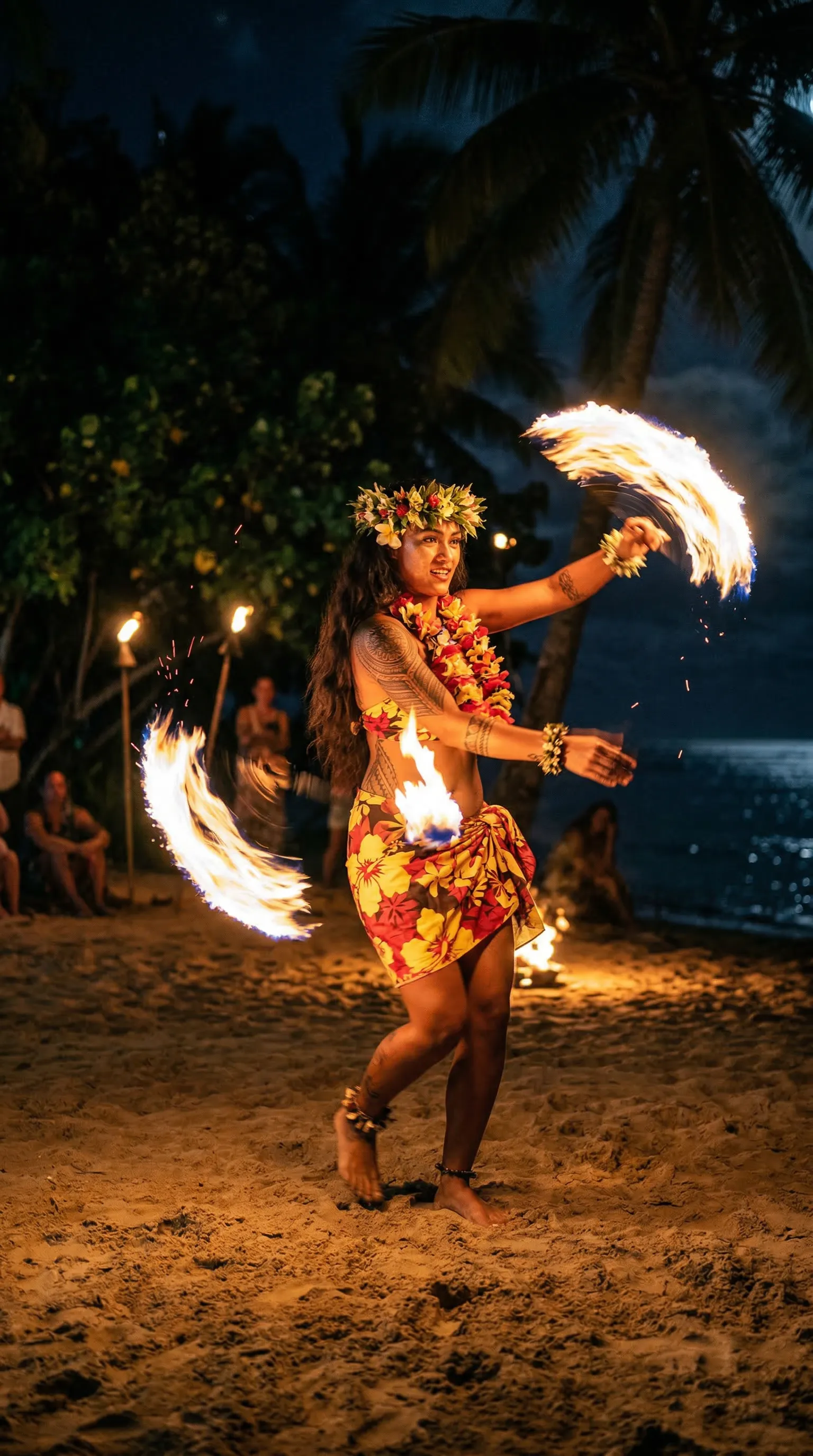 An action shot of a gorgeous Polynesian woman performing a traditional fire dance, flames illuminating her striking features in the dark night.