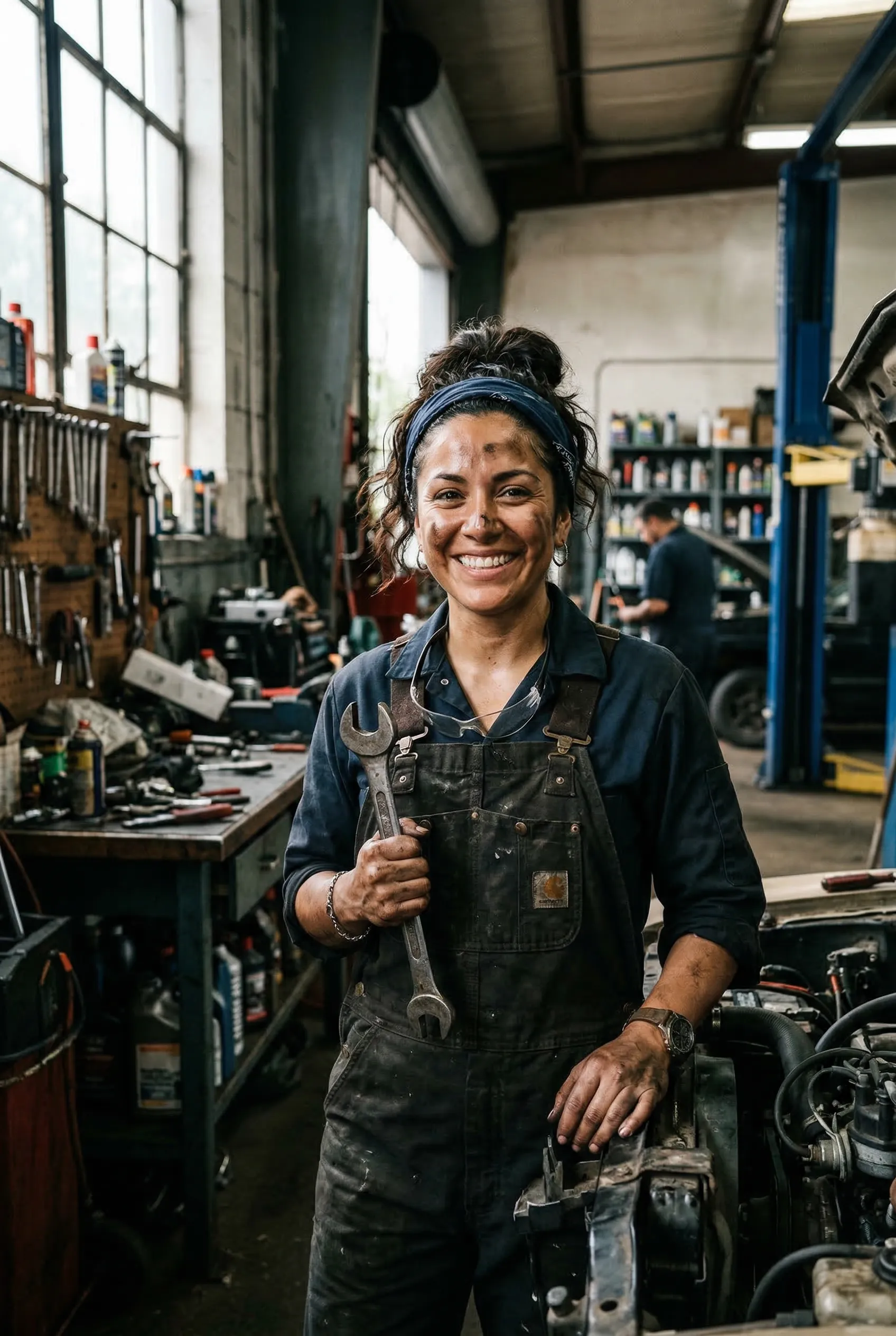 A gritty but beautiful portrait of a Hispanic woman working as a mechanic, oil smudges on her face, holding a wrench, confident smile.
