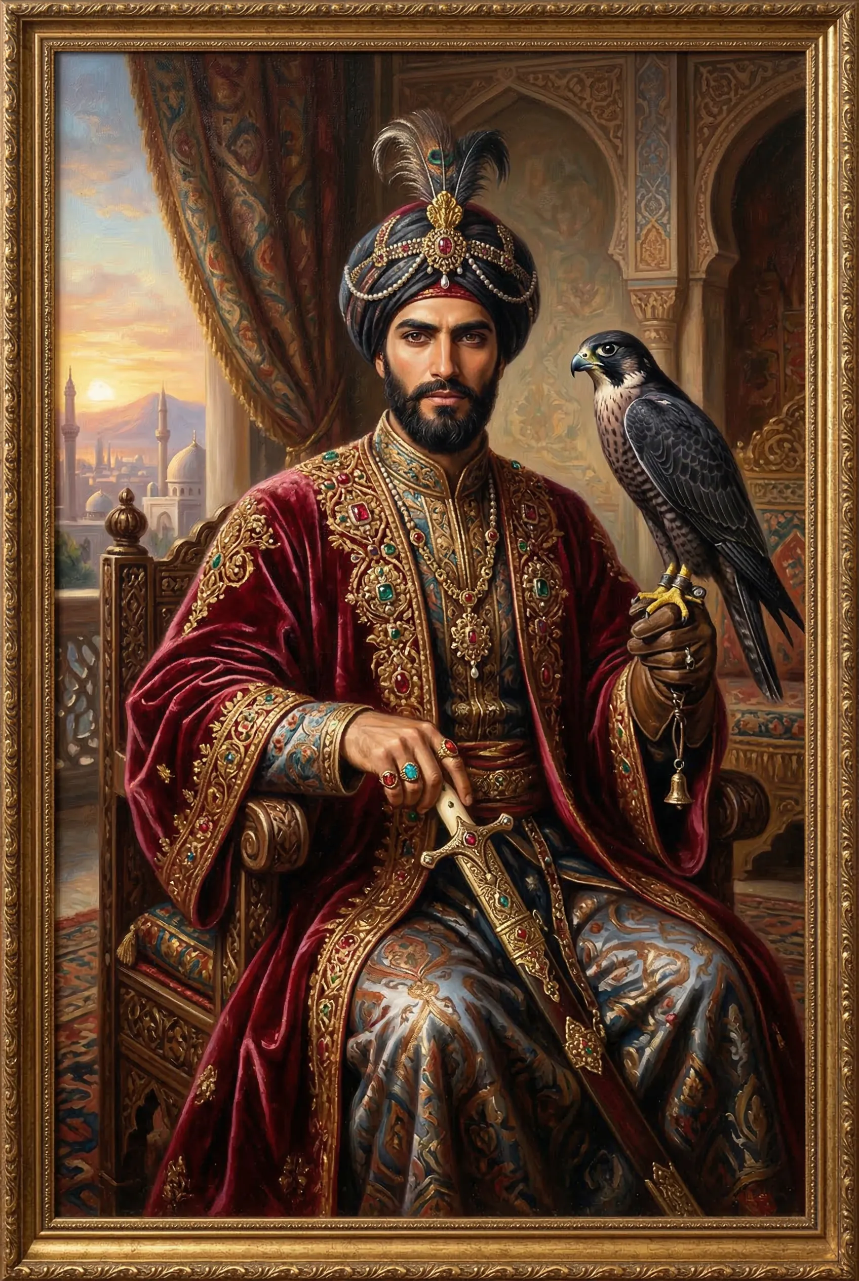 An oil painting style portrait of a handsome Middle Eastern man depicted as a historical prince, rich velvet fabrics and a falcon resting on his arm.