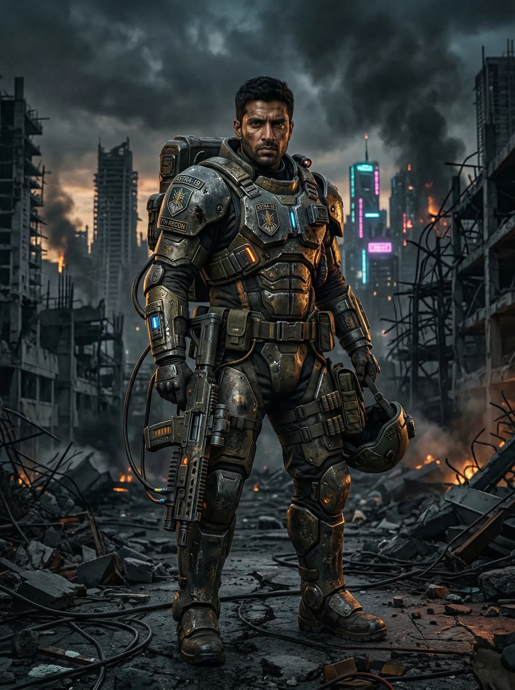 A gritty sci-fi rendering of a handsome South Asian man in heavy, battle-worn futuristic combat armor, standing in a dystopian ruined city.
