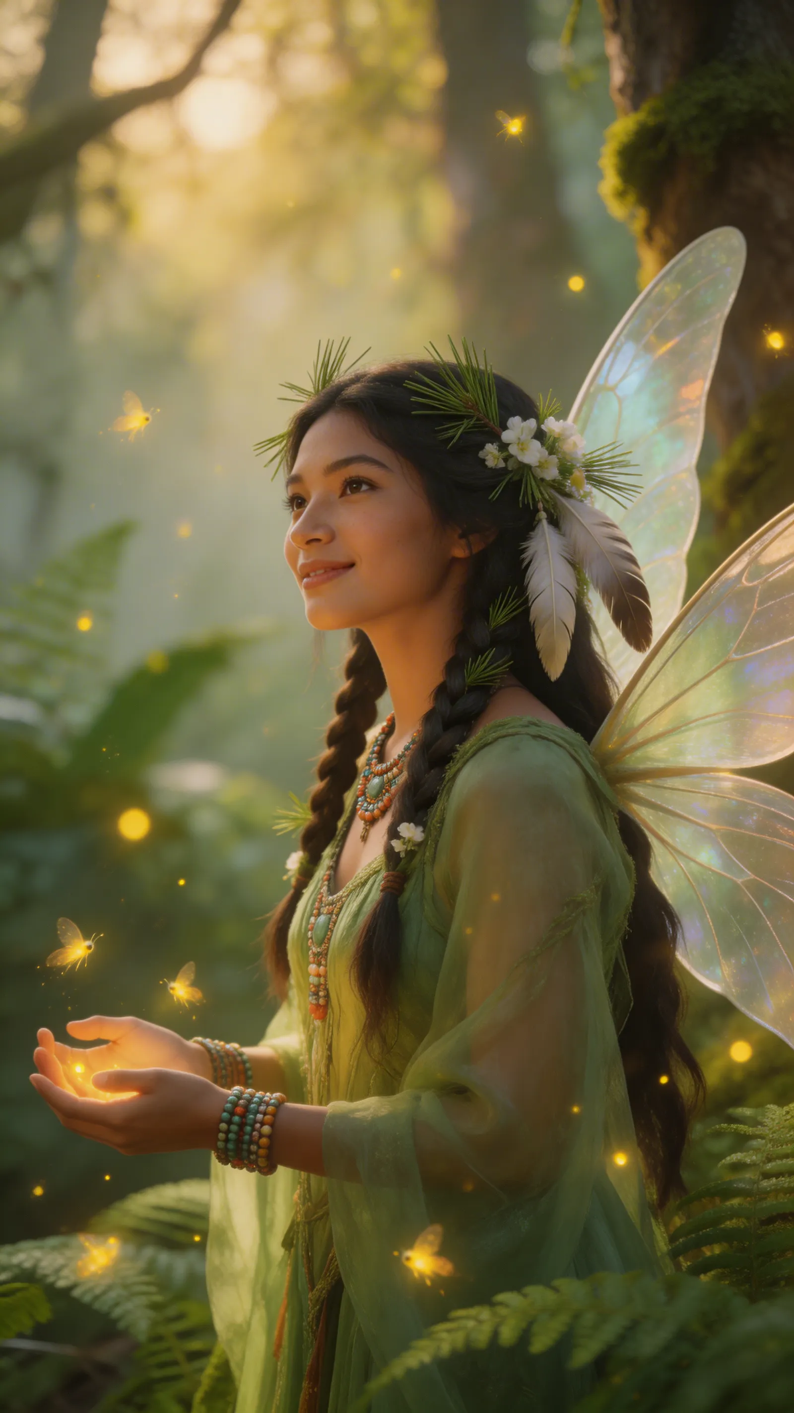 A magical, soft-focus painting of a stunning Indigenous woman as a forest fairy, translucent gossamer wings, surrounded by glowing fireflies.