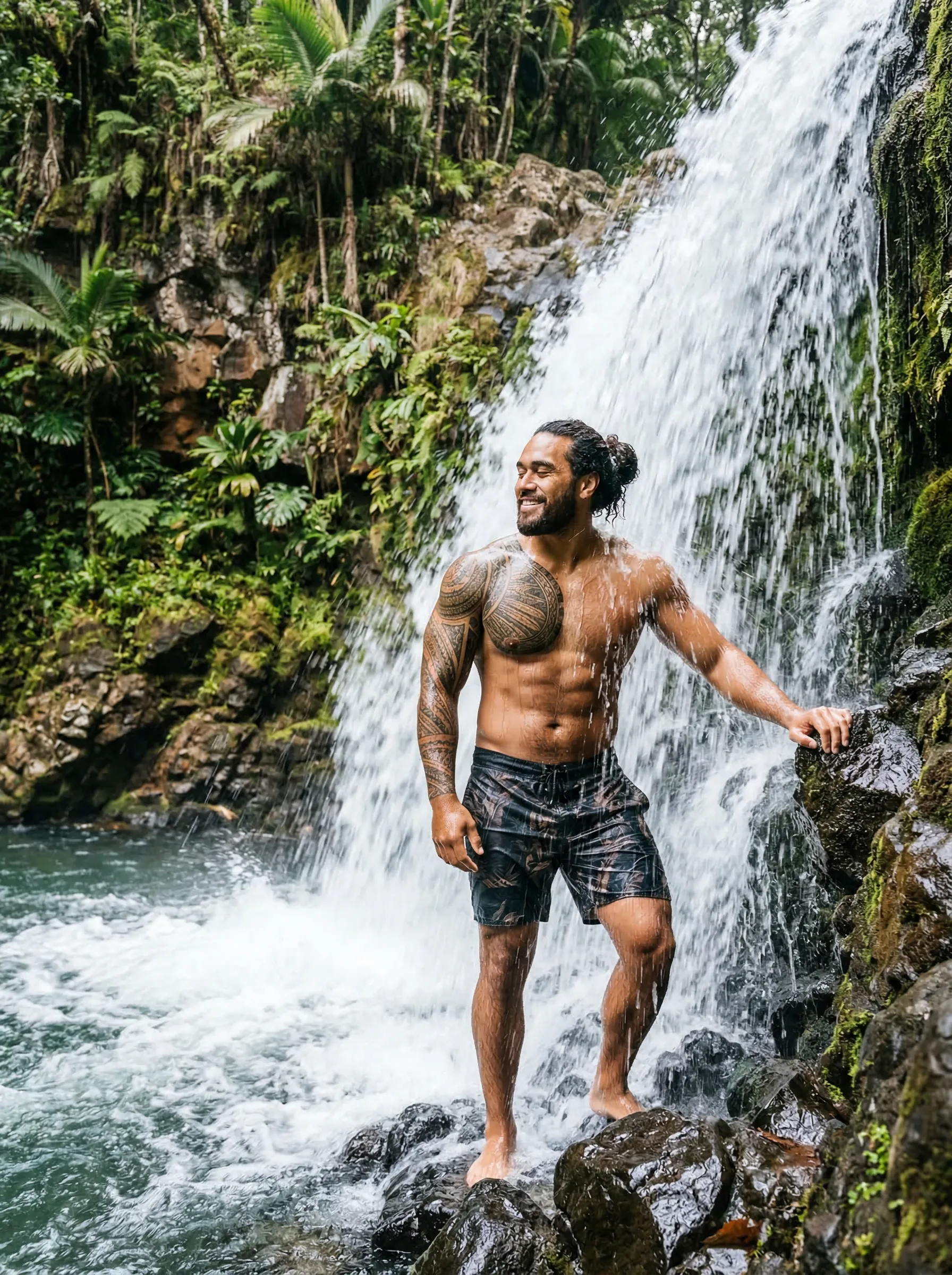 A breathtaking photo of an attractive Polynesian man standing under a lush tropical waterfall, water cascading over his muscular shoulders.