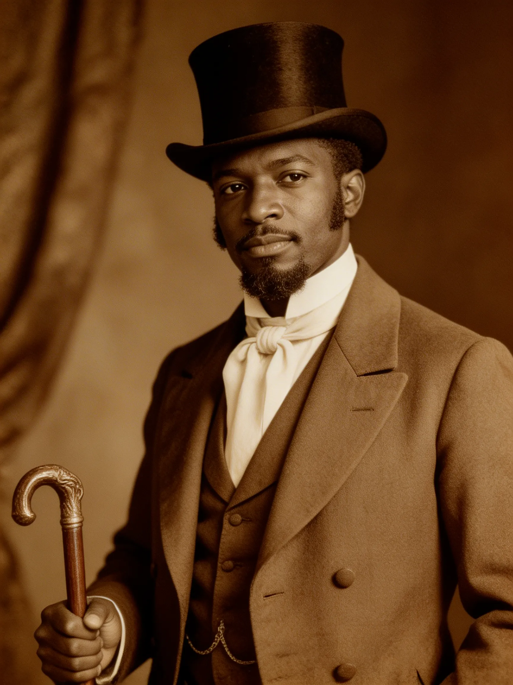 A historically accurate, sepia-toned portrait of a handsome Black man dressed impeccably as a Victorian-era gentleman with a top hat and cane.