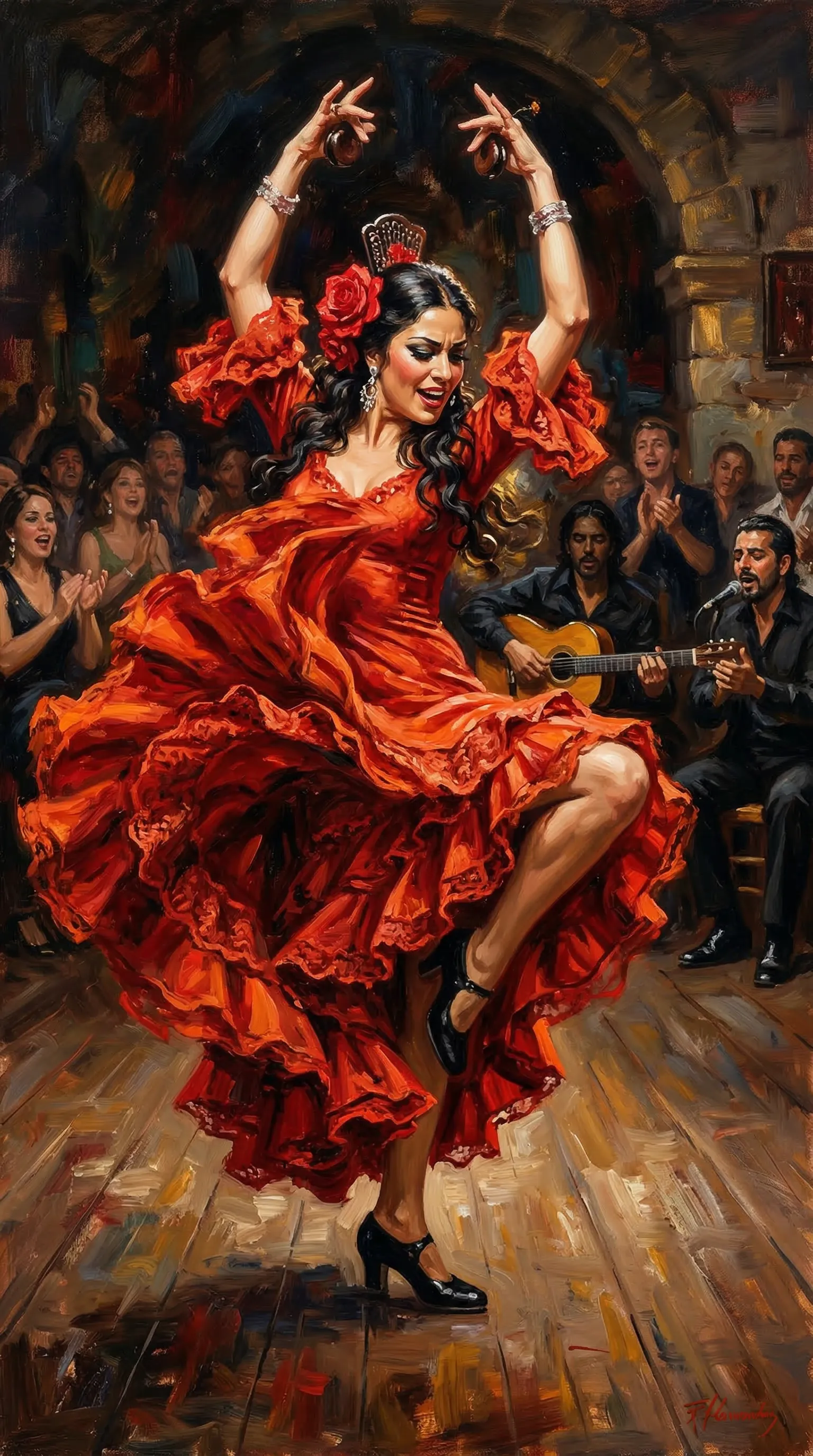 A passionate painting of a beautiful Hispanic woman dancing flamenco, her ruffled red dress swirling dynamically around her.