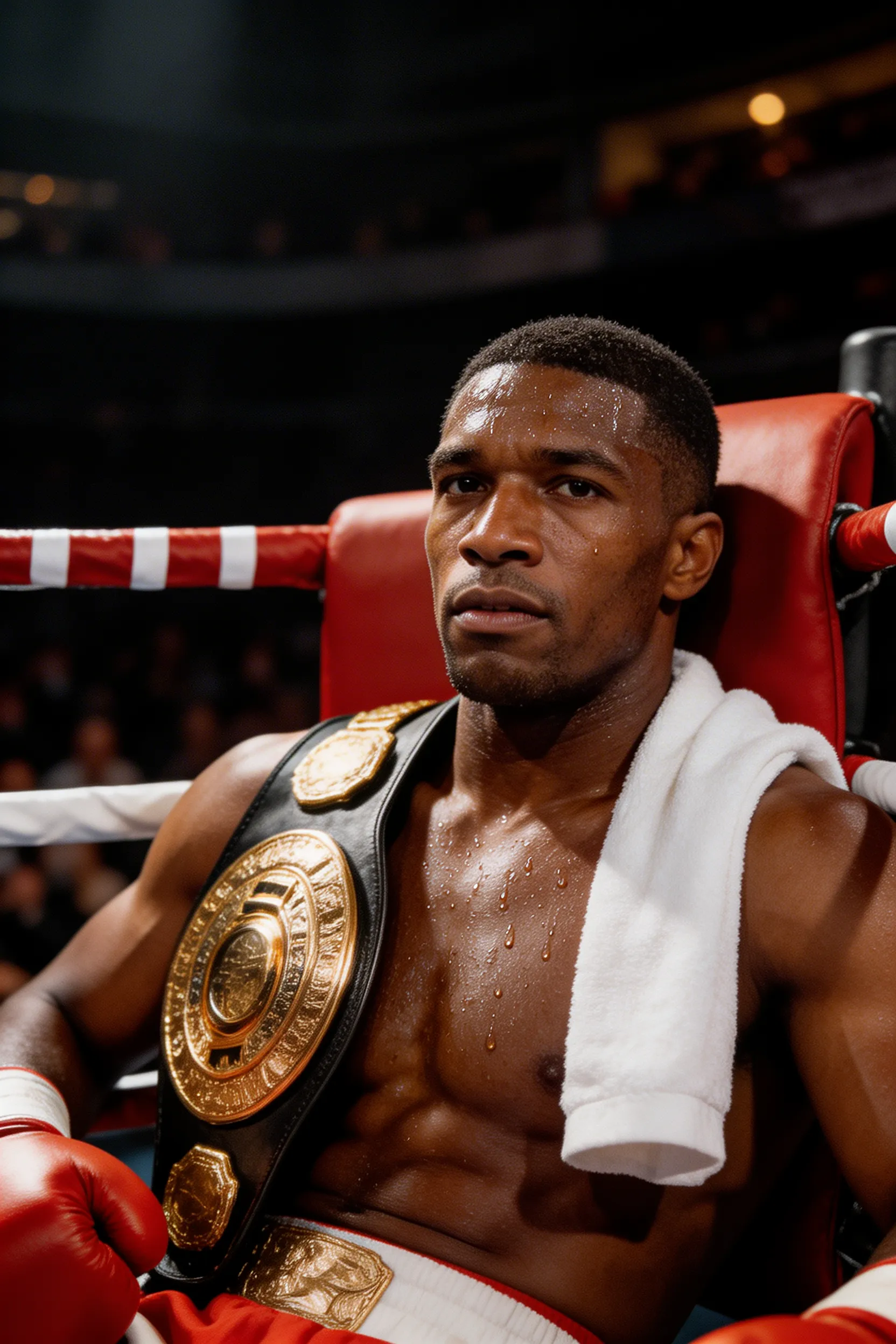 A dramatic, high-contrast sports photography shot of a handsome Black man, a boxing champion resting in his corner, sweat glistening under arena lights.