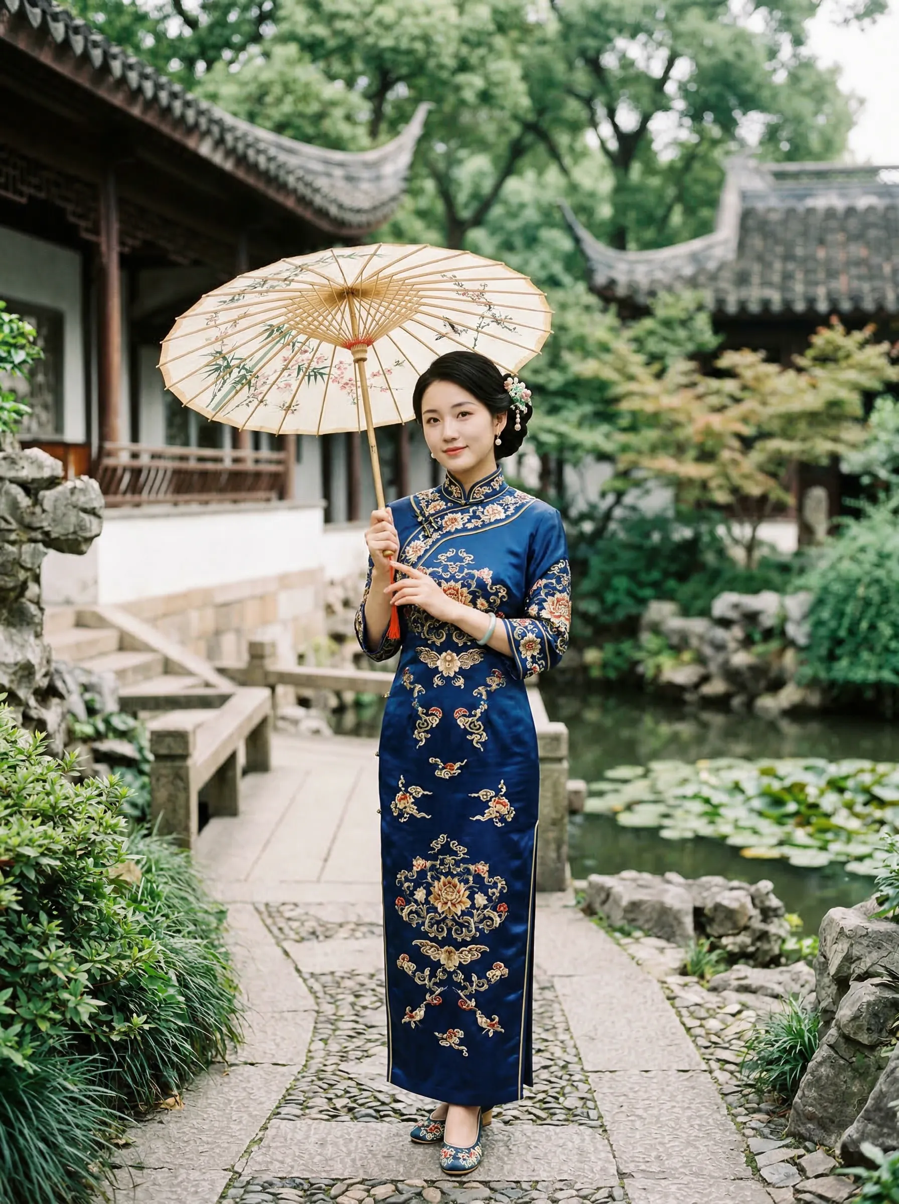 A timeless portrait of a gorgeous East Asian woman wearing a finely embroidered silk qipao, holding a delicate paper umbrella in a traditional garden.