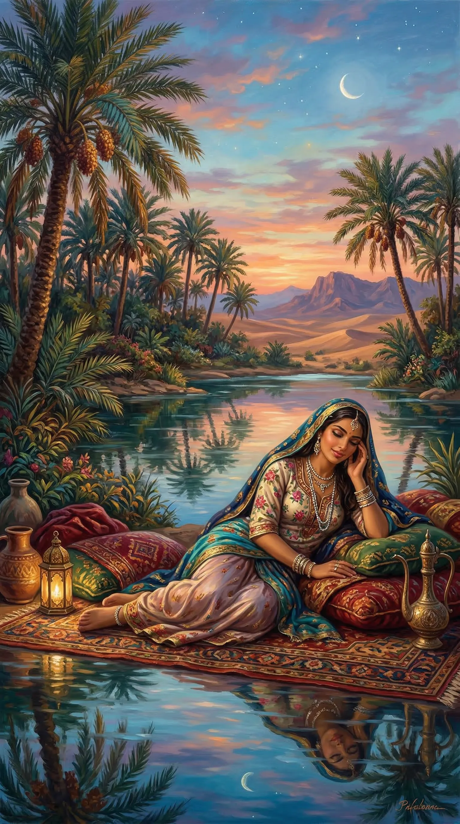 A lush, vibrant painting of a stunning Middle Eastern woman resting by a crystal-clear desert oasis, surrounded by palm trees and soft twilight.