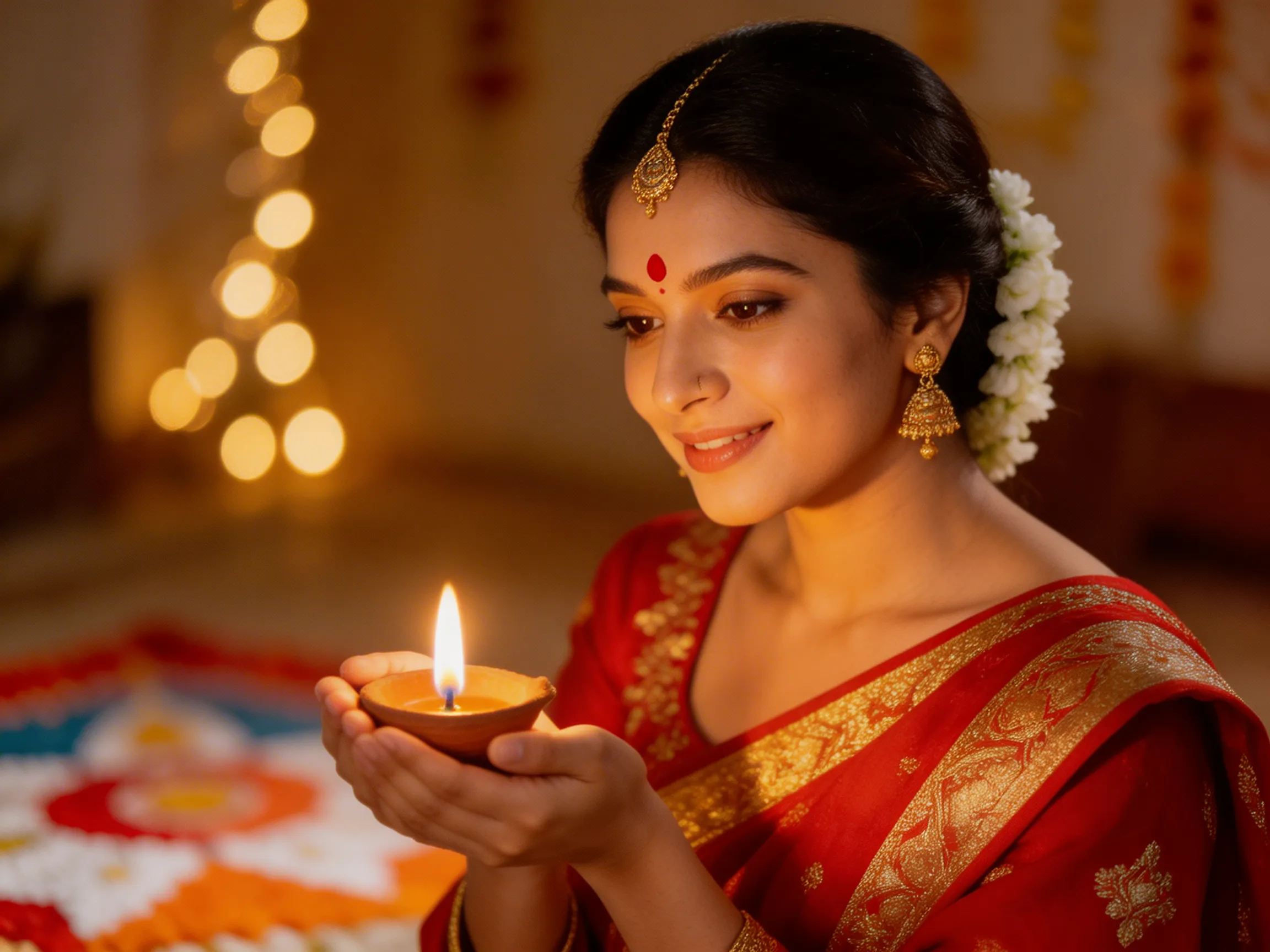 A beautifully lit photograph of a beautiful South Asian woman holding a glowing diya lamp during Diwali, her face illuminated by the warm, golden flame.