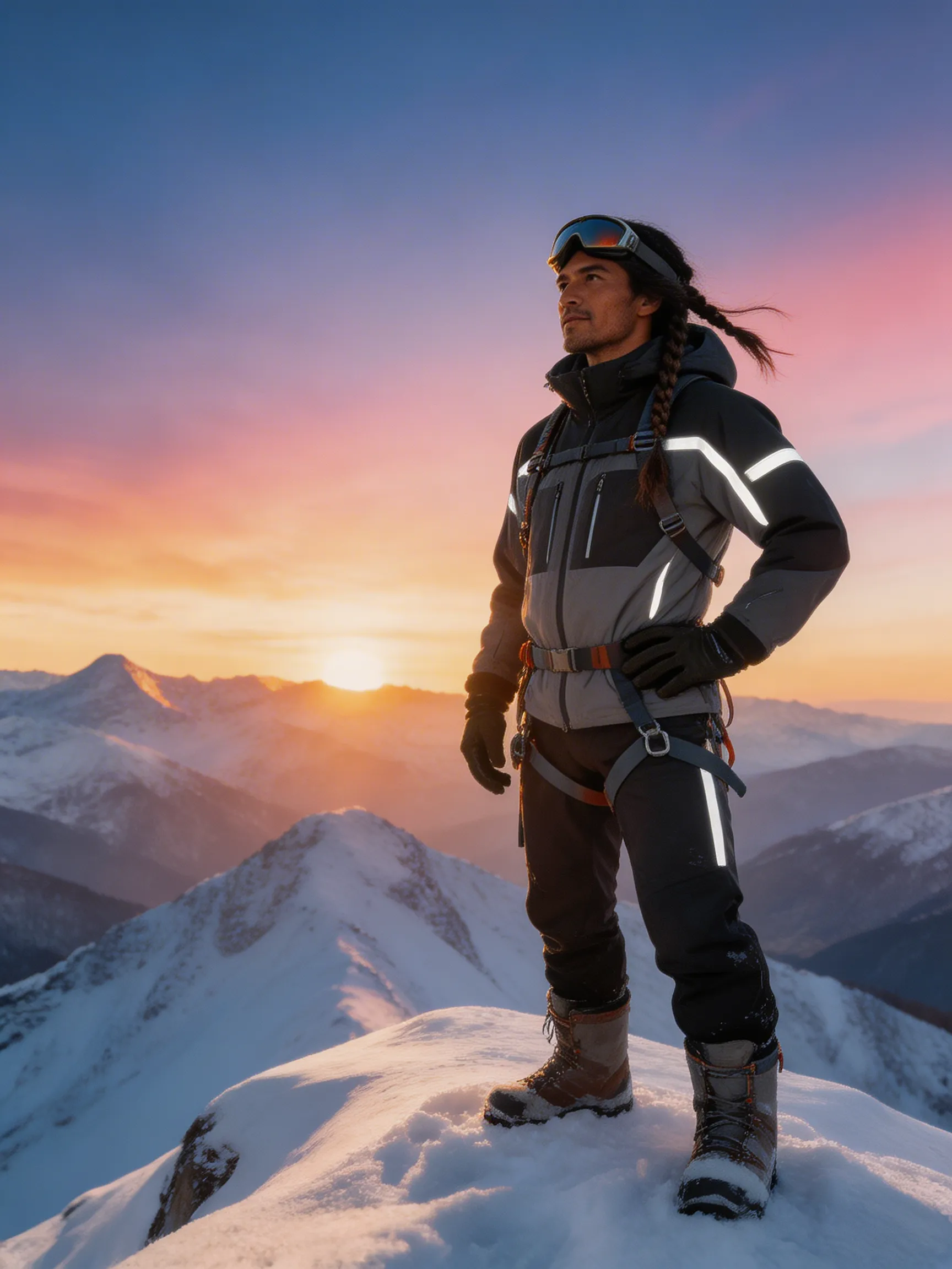 An adventurous shot of an attractive Indigenous man in high-tech winter climbing gear, standing at the summit of a snow-capped peak at sunrise.