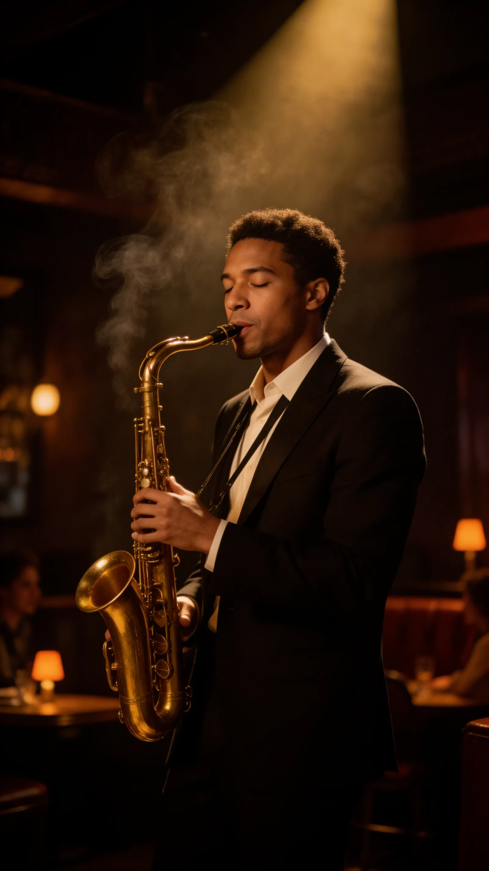 A moody, atmospheric photo of a handsome multiracial man playing a golden saxophone in a smokey, low-lit underground jazz club.