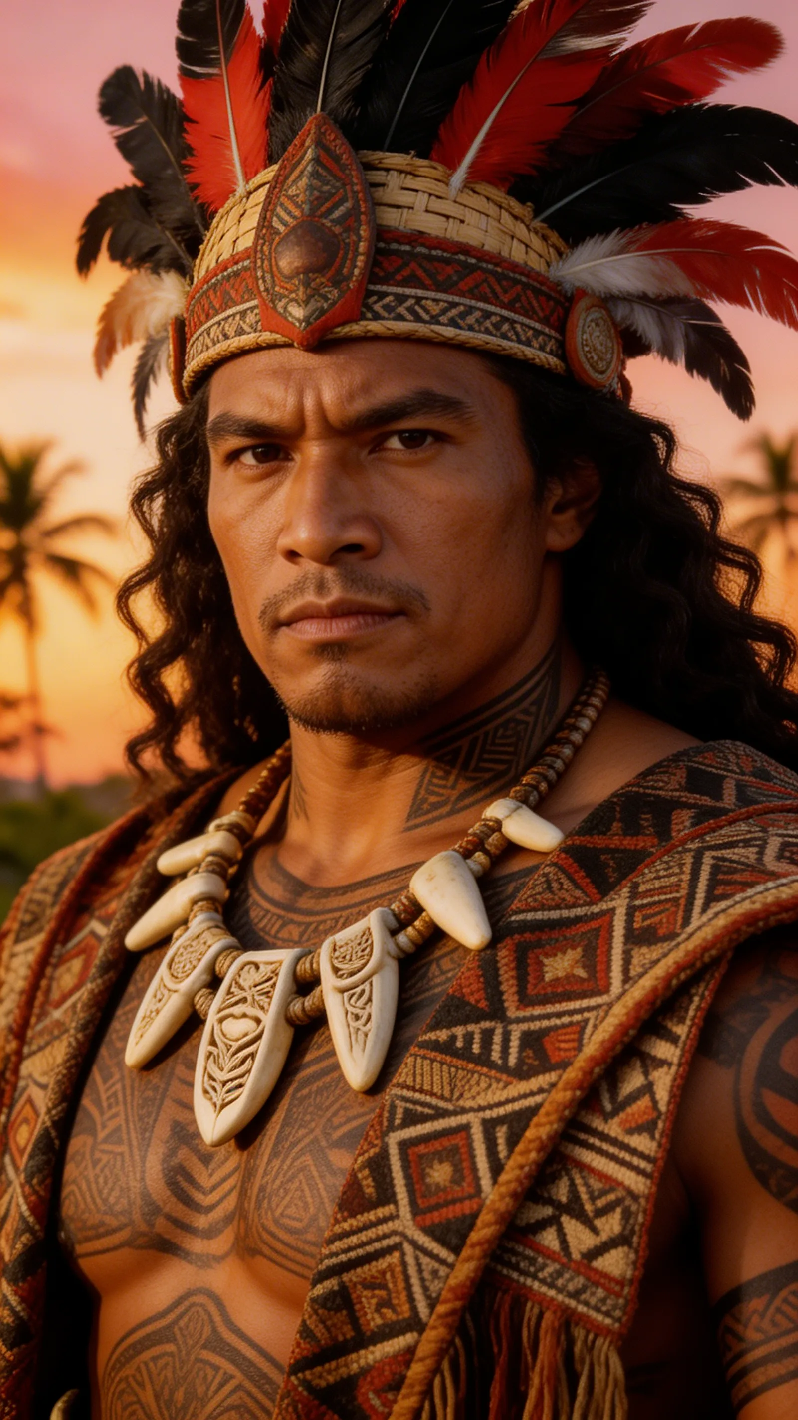 A powerful, commanding portrait of a handsome Polynesian man depicted as a noble tribal chief, wearing traditional regalia and a necklace of carved bone.