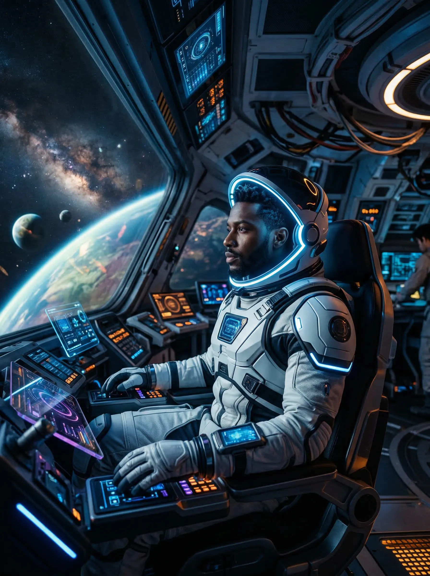 A cinematic rendering of an attractive Black man inside an advanced spaceship, wearing a white futuristic spacesuit with a glowing helmet ring.