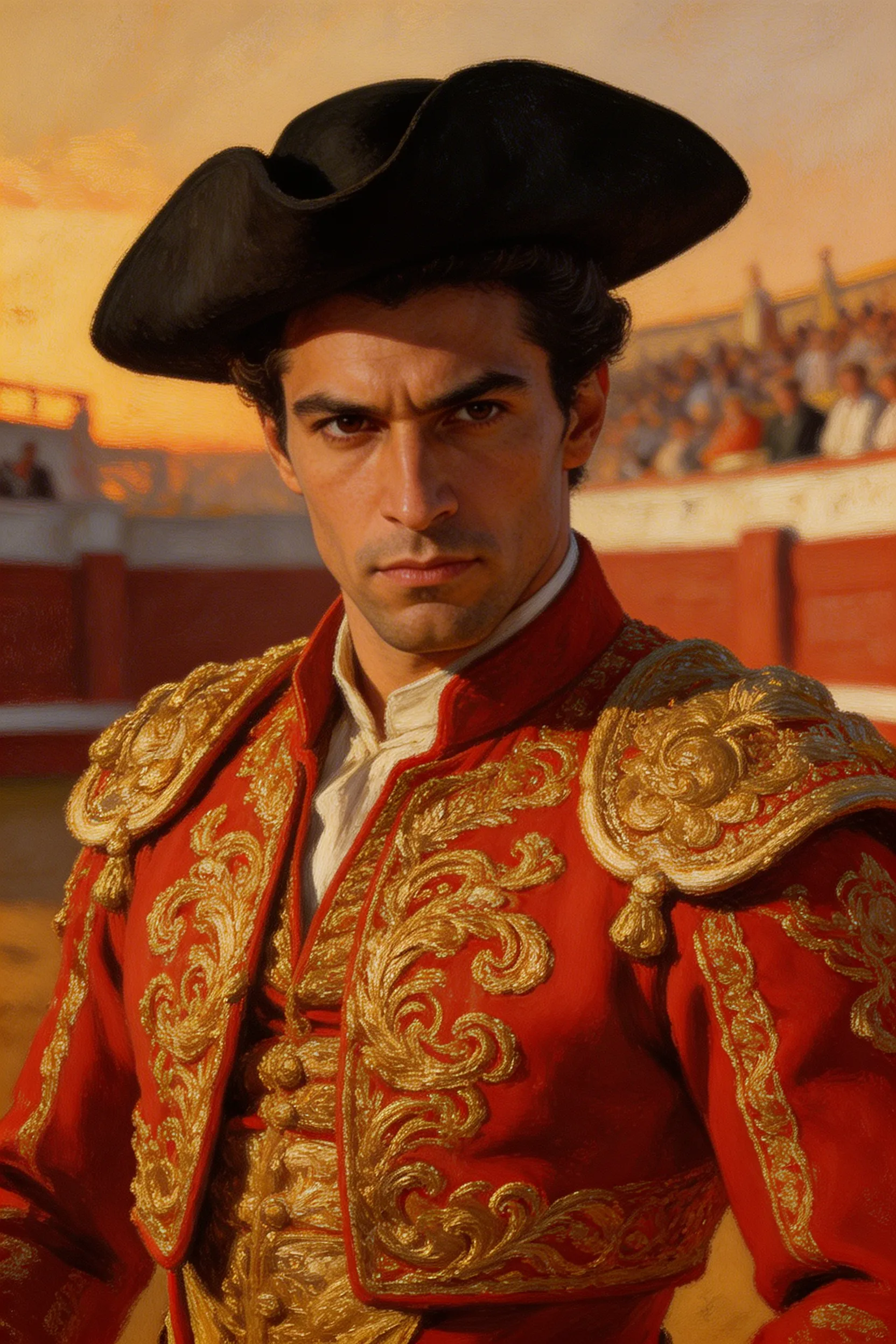 A dramatic oil painting of a handsome Hispanic man dressed as a traditional matador in heavily embroidered "traje de luces", intense gaze.