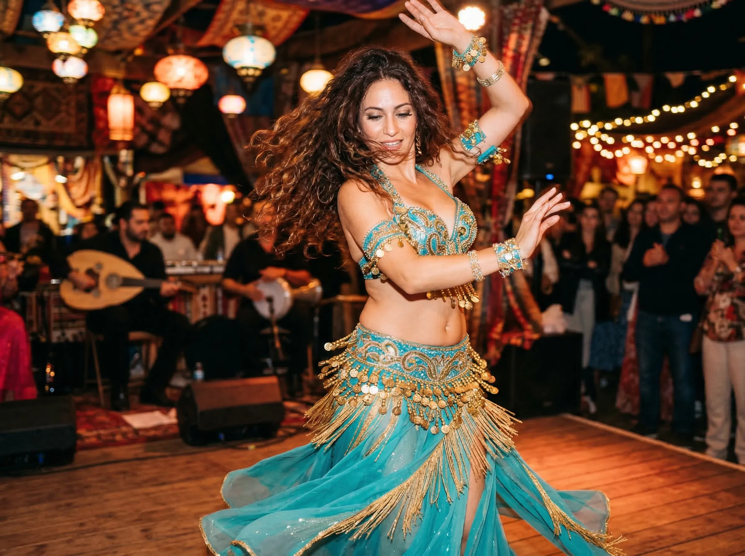 A beautiful, dynamic image of a stunning Middle Eastern woman belly dancing, wearing an ornate costume with jingling gold coins, vibrant background.