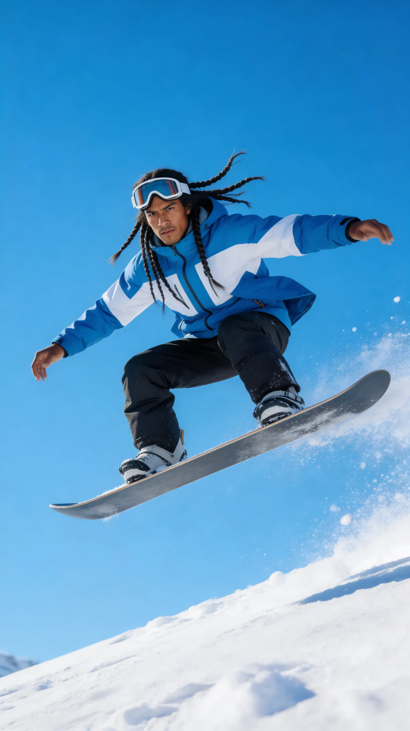 An extreme sports action shot of a handsome Indigenous man catching massive air on a snowboard, bright blue sky and powdery snow behind him.