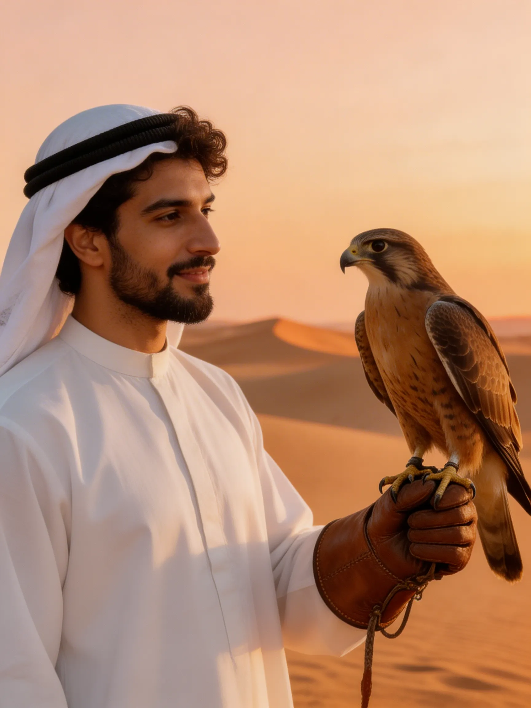 A stunning photograph of an attractive Middle Eastern man outdoors, a majestic hunting falcon perched confidently on his thick leather glove.