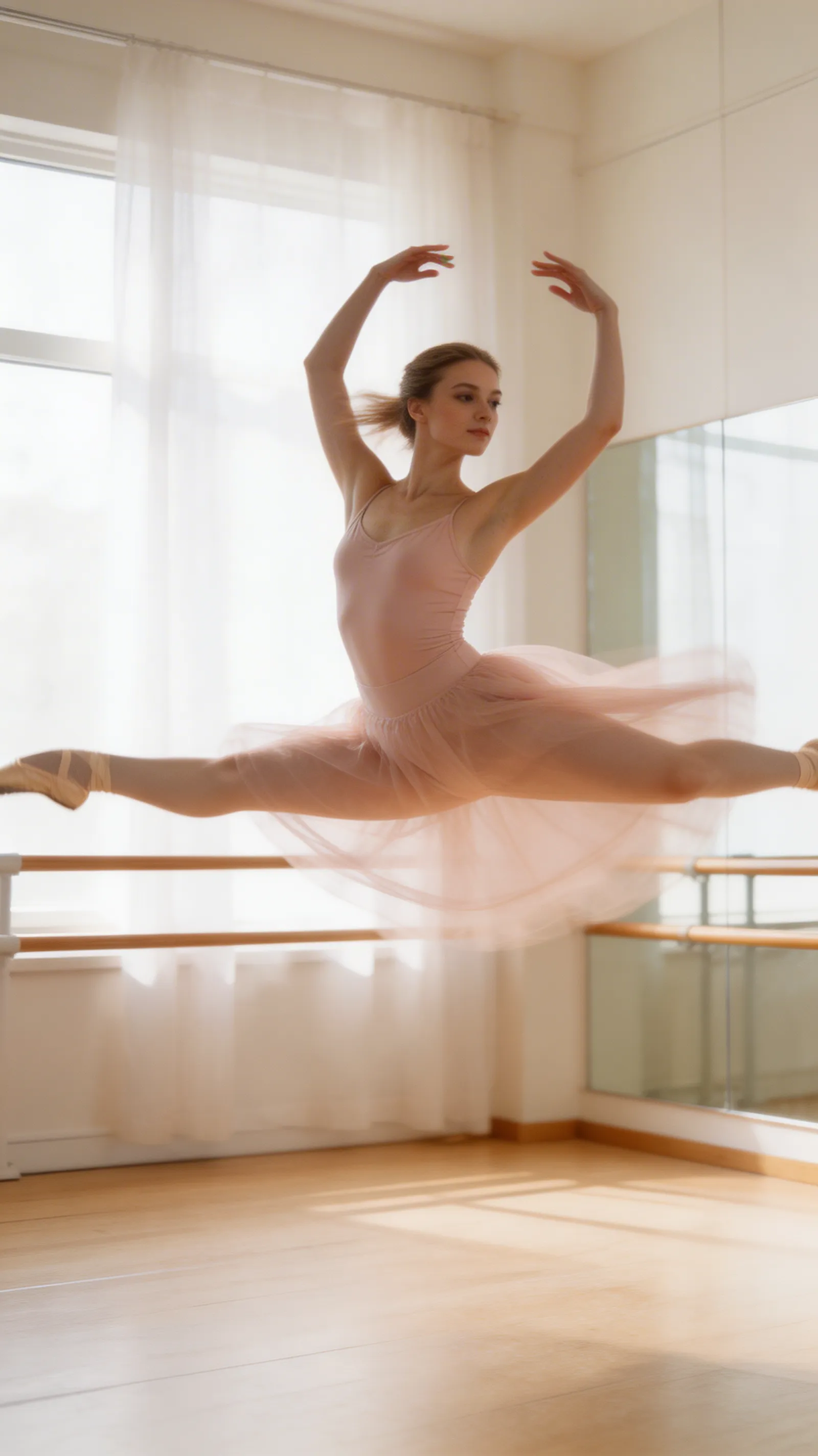 A graceful, slow-shutter-speed photograph capturing the elegant motion of a gorgeous Caucasian woman performing a ballet leap in a bright studio.