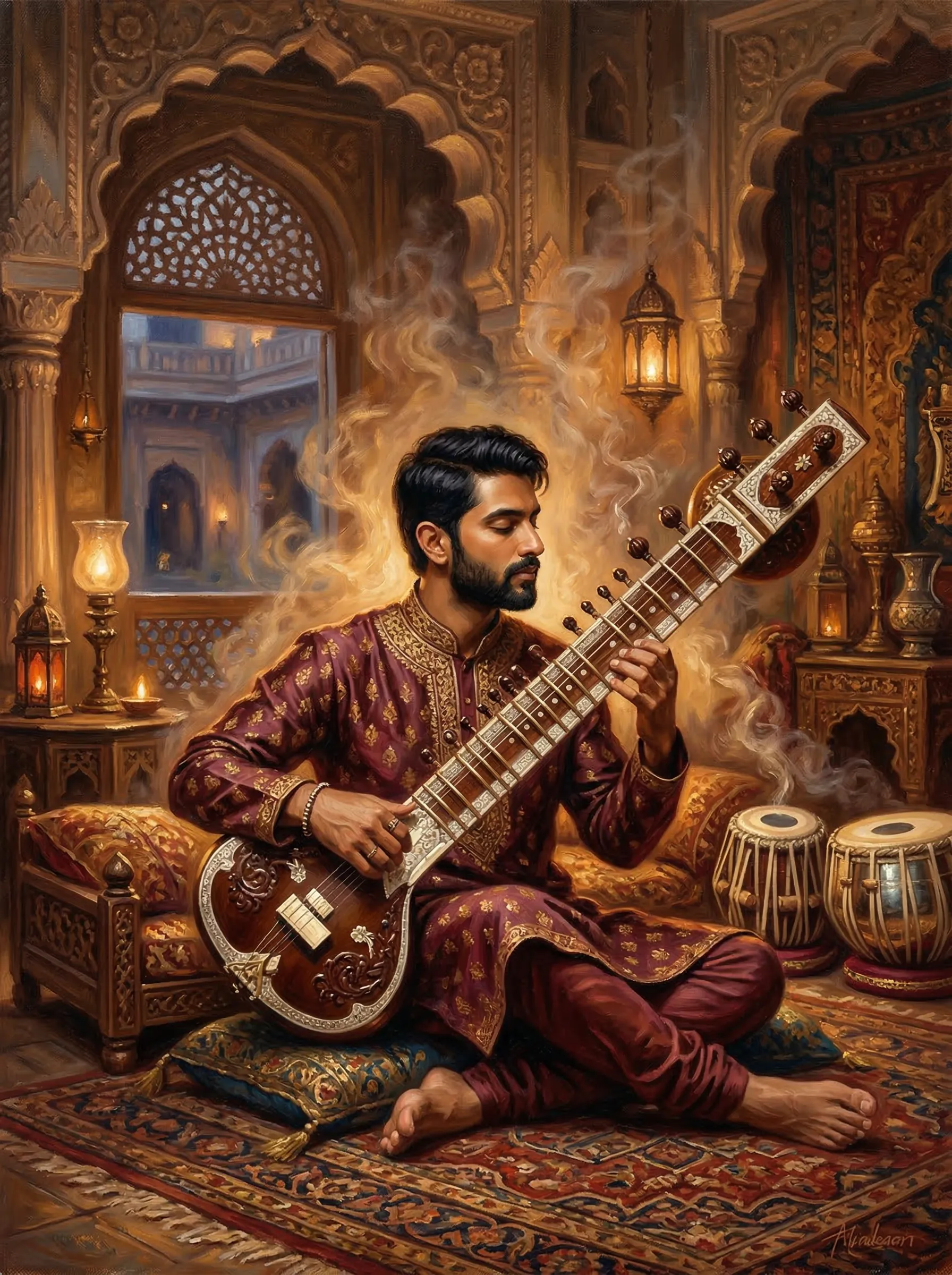 A rich, atmospheric painting of a handsome South Asian man playing a beautifully crafted sitar in an ornate room filled with warm incense smoke.
